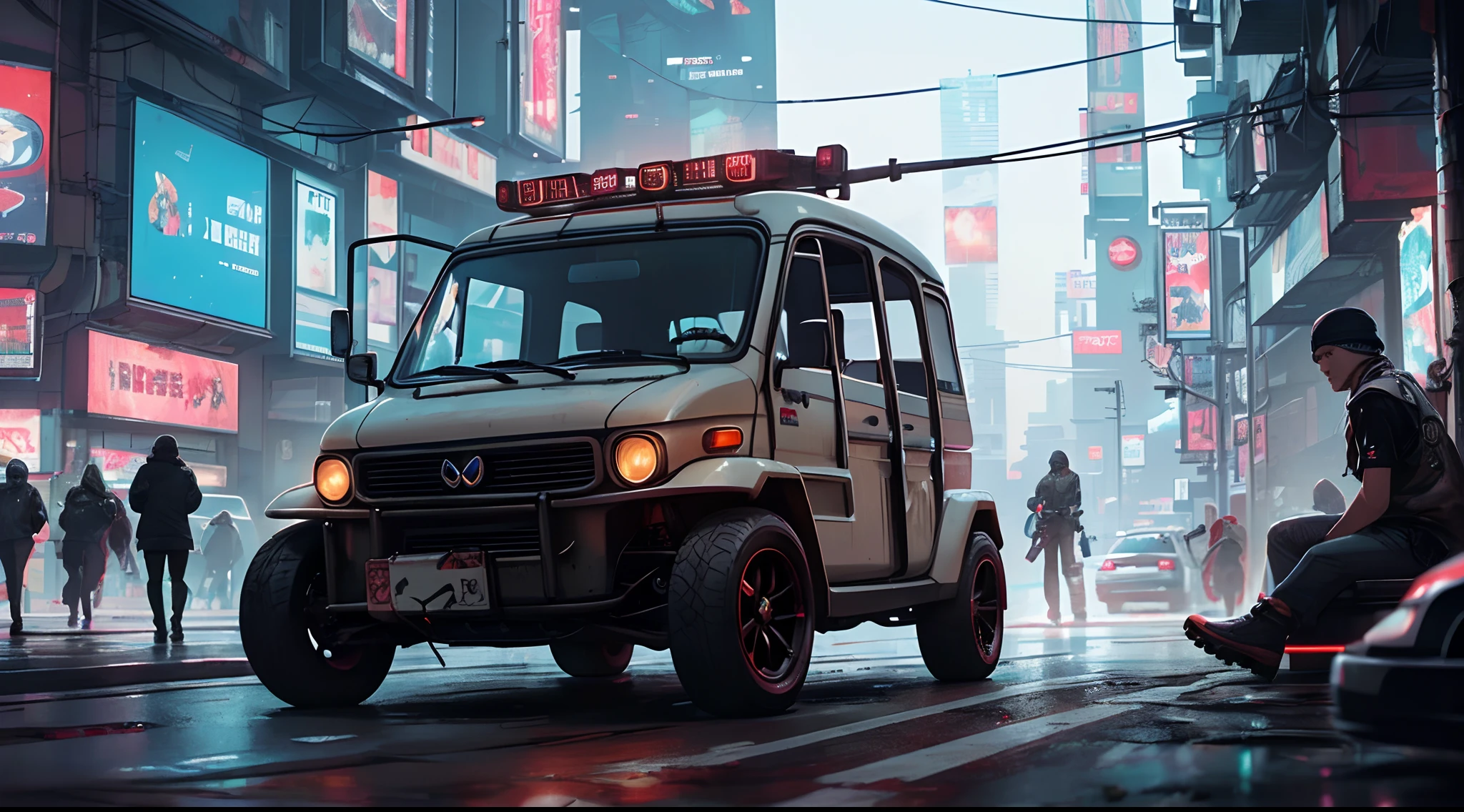 (at late night:1.3), , (detailed beautiful skin textures, detailed beautiful face, ultra detailed clothing textures), , (Cyberpunk:1.4), , (an ultra detailedfour-wheeled and long bonnet tuk-tuk with letter-tyres), , (3/4 front view, The car is in the center of the frame), , (at parking area, at ultra detailed Night City of Cyberpunk), (All cars are classic cars with cyberpunk custumed), , (softlighting), , (masterpiece, best quality:1.4, 8k, ultra detailed, illustration, distinct_image, intricate_details, delicate illustration), (realistic:0.15),