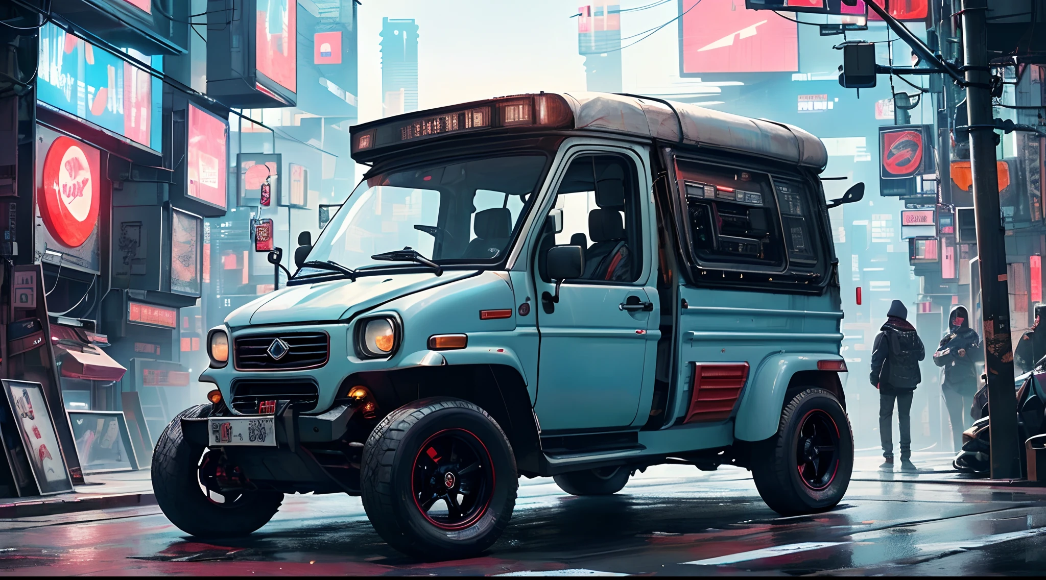 (at late night:1.3), , (detailed beautiful skin textures, detailed beautiful face, ultra detailed clothing textures), , (Cyberpunk:1.4), , (an ultra detailedfour-wheeled and long bonnet tuk-tuk with  letter-tyres), , (3/4 front view, The car is in the center of the frame), , (at parking area, at ultra detailed Night City of Cyberpunk), (All cars are classic cars with cyberpunk custumed), , (softlighting), , (masterpiece, best quality:1.4, 8k, ultra detailed, illustration, distinct_image, intricate_details, delicate illustration), (realistic:0.15),