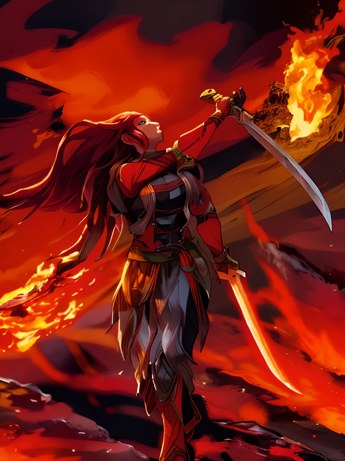 flames are burning behind a man with a large sword, lava and fire goddess, fire giant, goddess of war, fantasy character photo, appears as the fire goddess, epic elven warrior, ghost of the fire spirit, fire mage, fire goddess, holding a flaming sword, wielding a flaming sword, goddess of fire, full dress of lava showcase, norse warrior, phoenix warrior