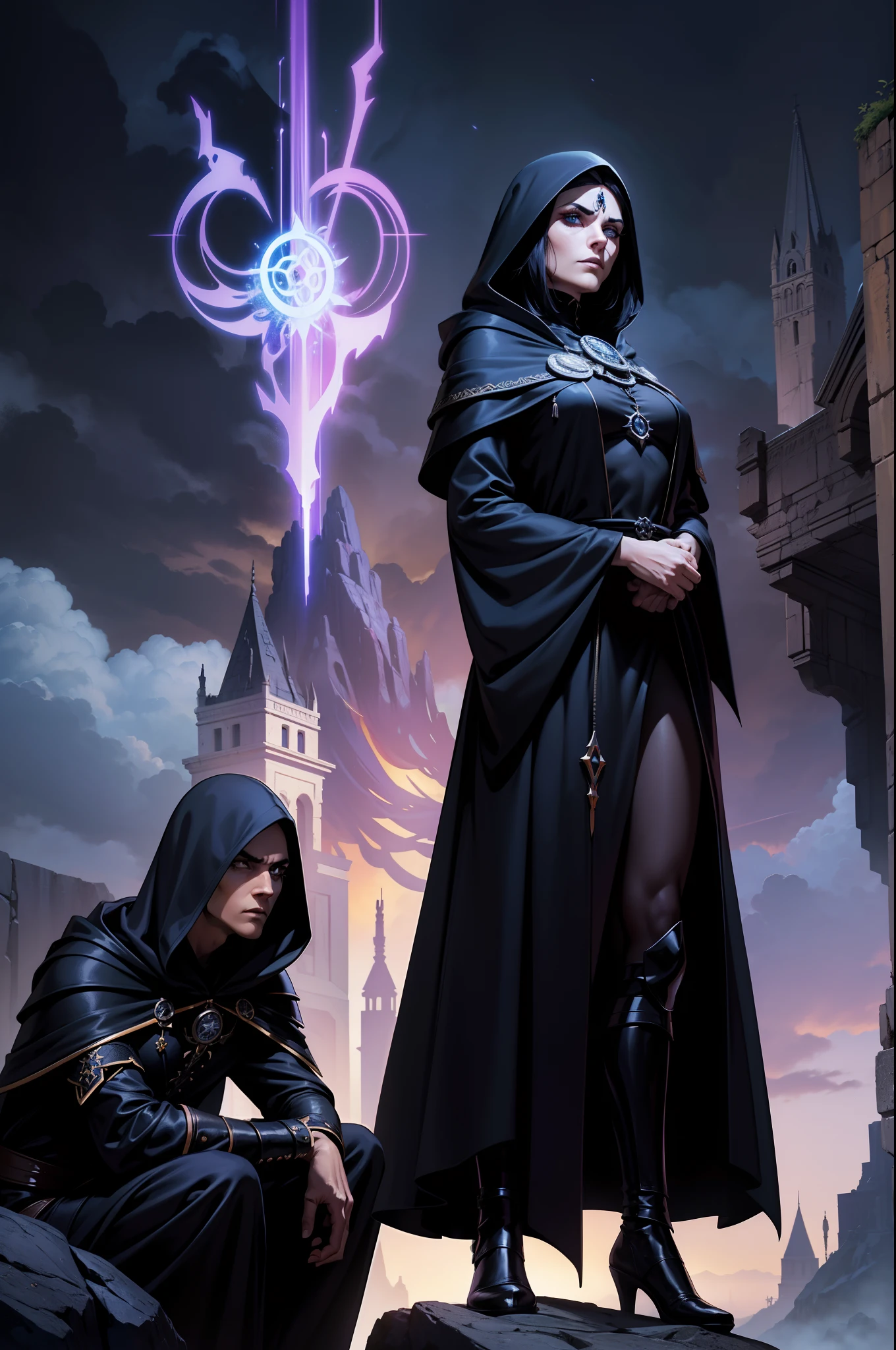 An adult mage character wearing a hooded robe and gothic armor with black details accompanied by an adult mage character wearing a robe, capuz. Tax Posture, face with serious expression, cabelo na cor preta liso preso, hair in black color a remarkable beauty, Magnificent, cor azul dos olhos, Purple sky with magnificent clouds, arms crossed in imposing pose and on top of a tall rock, cabelo curto cidade, portal, Magnificent, 8k,
