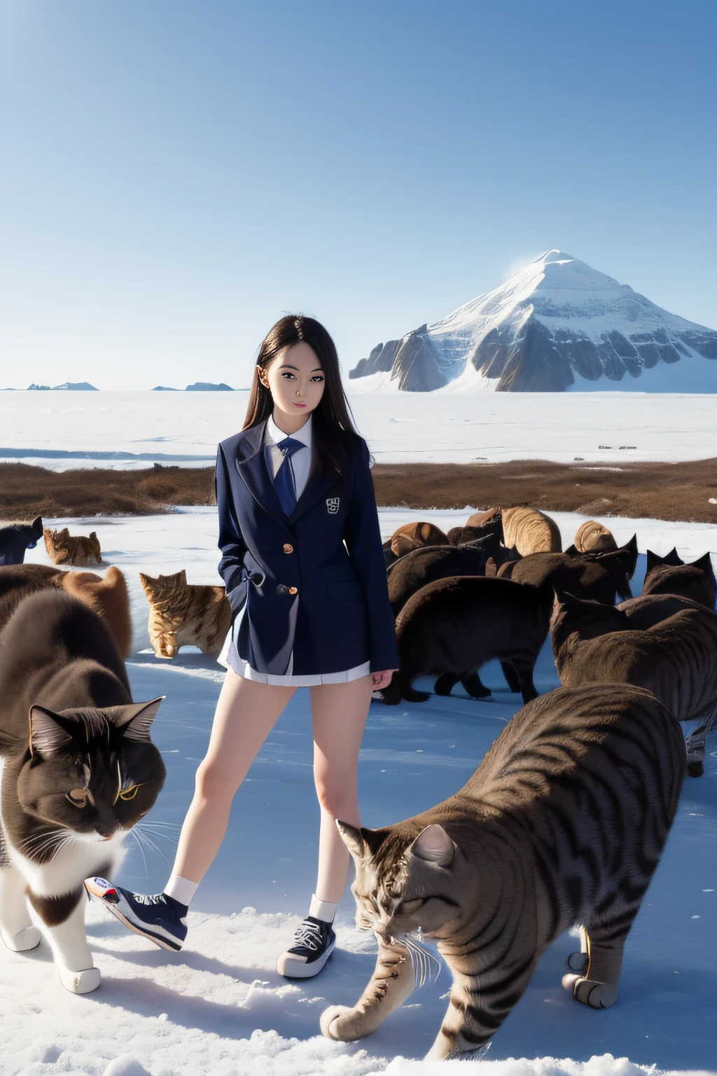 best qualtiy、masutepiece、超A high resolution、(Photorealistic:1.4)、infp young woman、modeled、small head、long legged、Colossal tits、the perfect body、By Michelangelo、ulzzang -6500-v1.1、Antarctica in winter、Frozen sea、Ice-only background、It snows a lot、Cat sledding、(Big cat:1.2)、(Many cats:1.4)、japanese hight school uniform