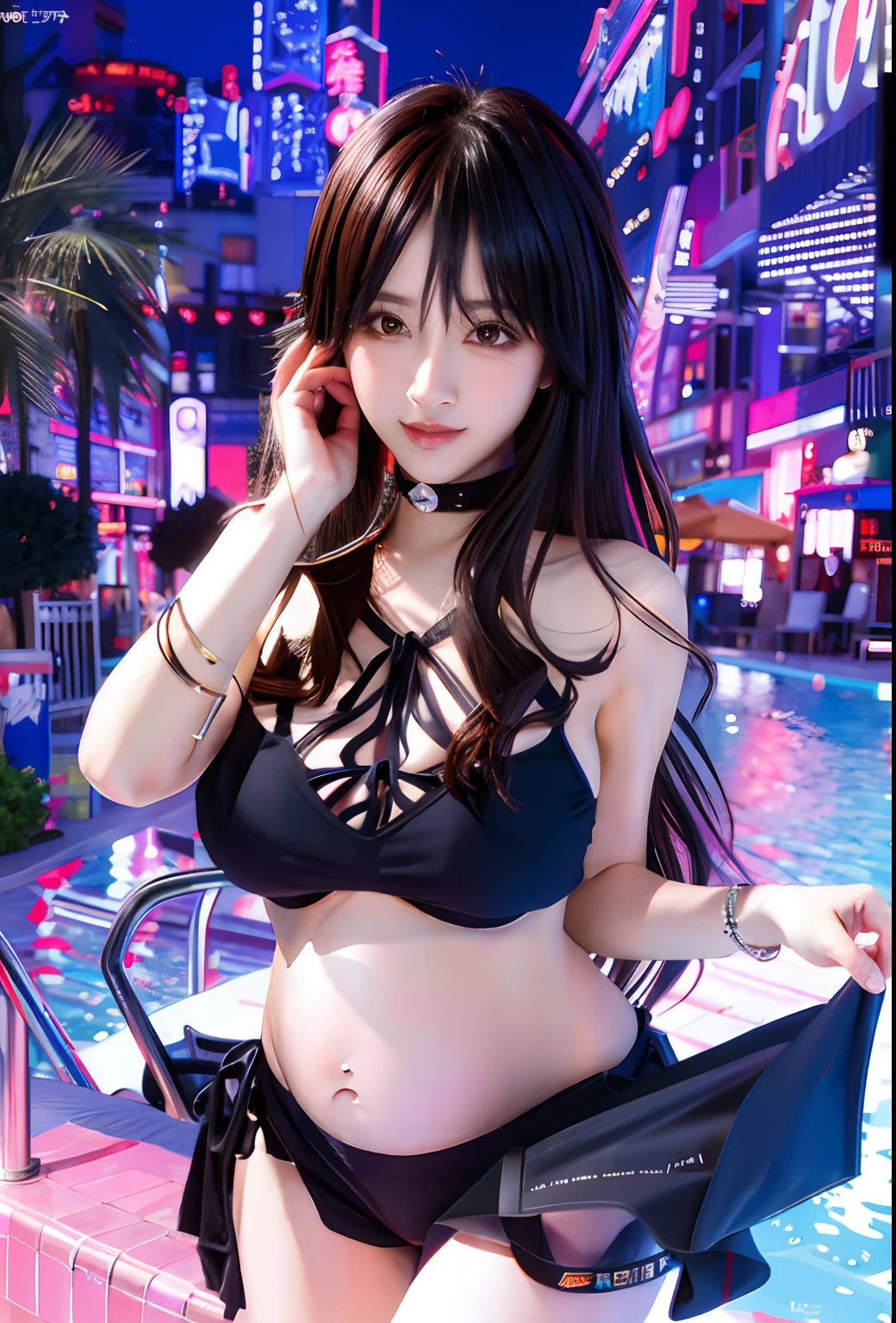 a woman in a bikini top and short skirt standing in front of a pool, pregnant woman, belly up, big breasts , big thigh, big thicc, big ass, seductive anime girl, anime moe artstyle, anime style 4 k, best anime 4k konachan wallpaper, marin kitagawa fanart, 4 k manga wallpaper, hanayamata, badass anime 8 k, nightcore, 4k anime wallpaper, attractive anime girl, beautiful alluring anime woman