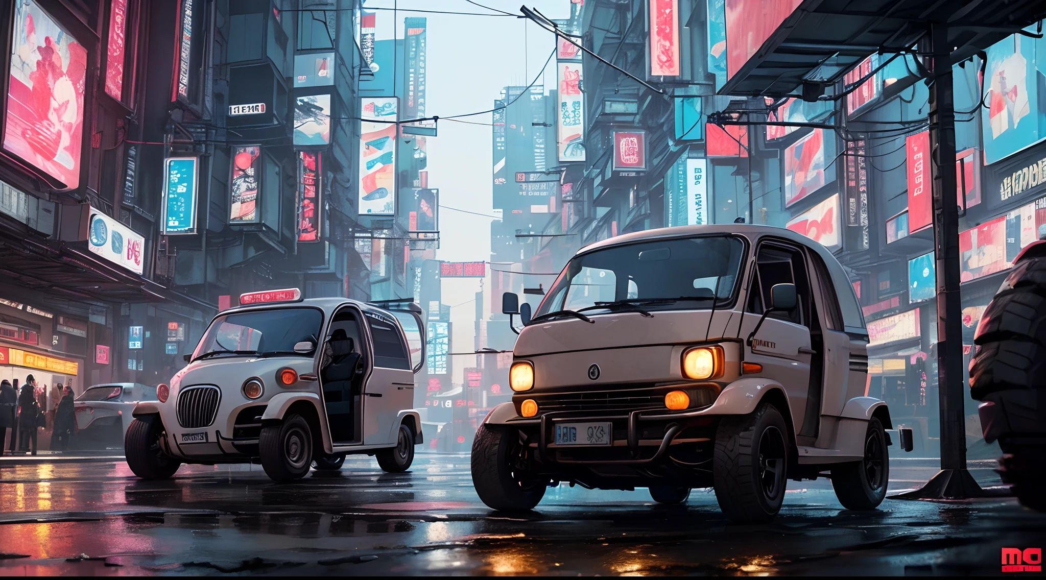 (at late night:1.3), , (detailed beautiful skin textures, detailed beautiful face, ultra detailed clothing textures), , (Cyberpunk:1.4), , (an ultra detailedfour-wheeled and long bonnet tuk-tuk with letter-tyres), , (3/4 front view, The car is in the center of the frame), , (at parking area, at ultra detailed Night City of Cyberpunk), (All cars are classic cars with cyberpunk custumed), , (softlighting), , (masterpiece, best quality:1.4, 8k, ultra detailed, illustration, distinct_image, intricate_details, delicate illustration), (realistic:0.15),