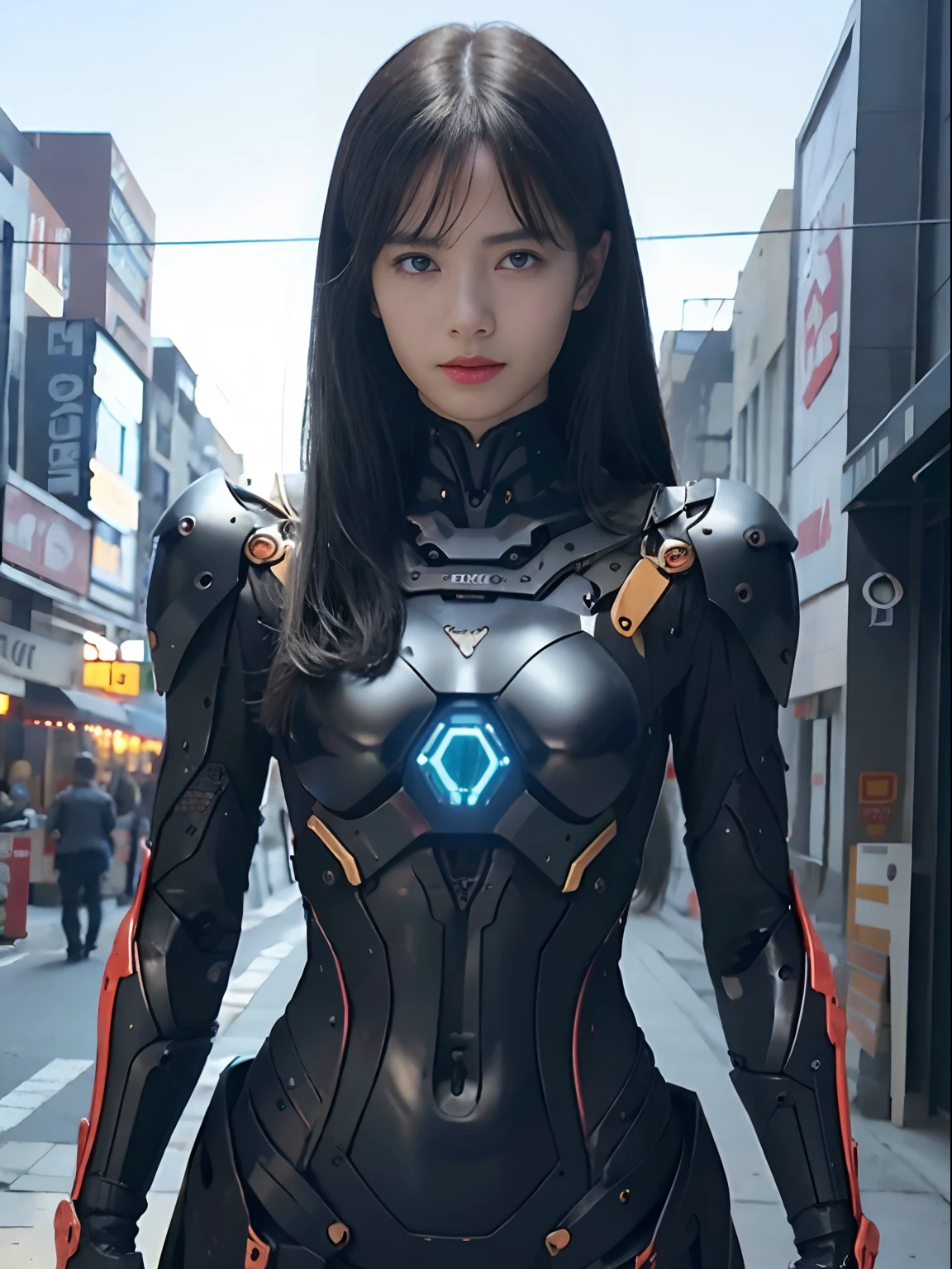 (Fight against mechanical robot soldiers)、top-quality、masterpiece、超A high resolution、(sexypose),(Wearing a futuristic sun visor)、(Photorealsitic:1.4)、Raw photo、女の子1人、Black hair、glowy skin、((1 Mechanical Girl))、((super realistic details))、portlate、(Small LED lamp)、Wire tubes that glow all over the body、globalillumination、Shadow、octan render、8K、Armpit、ultrasharp、Colossal tits、Small LED lamp、Raw skin is exposed in cleavage、metals、blood vessels connected to tubes、With weapons、Red bodysuit、Armpit、Cyberpunk city background、Details of complex ornaments、Japan details、highly intricate detail、Realistic light、CGSoation Trends、Blue eyes、radiant eyes、Facing the camera、neon details、(Helmet of the Brave)、Mechanical limbs、blood vessels connected to tubes、Mechanical vertebrae attached to the back、mechanical cervical attaching to neck、Wires and cables connecting to the head、Gundam、Small LED lamp、Toostock、Toostock、