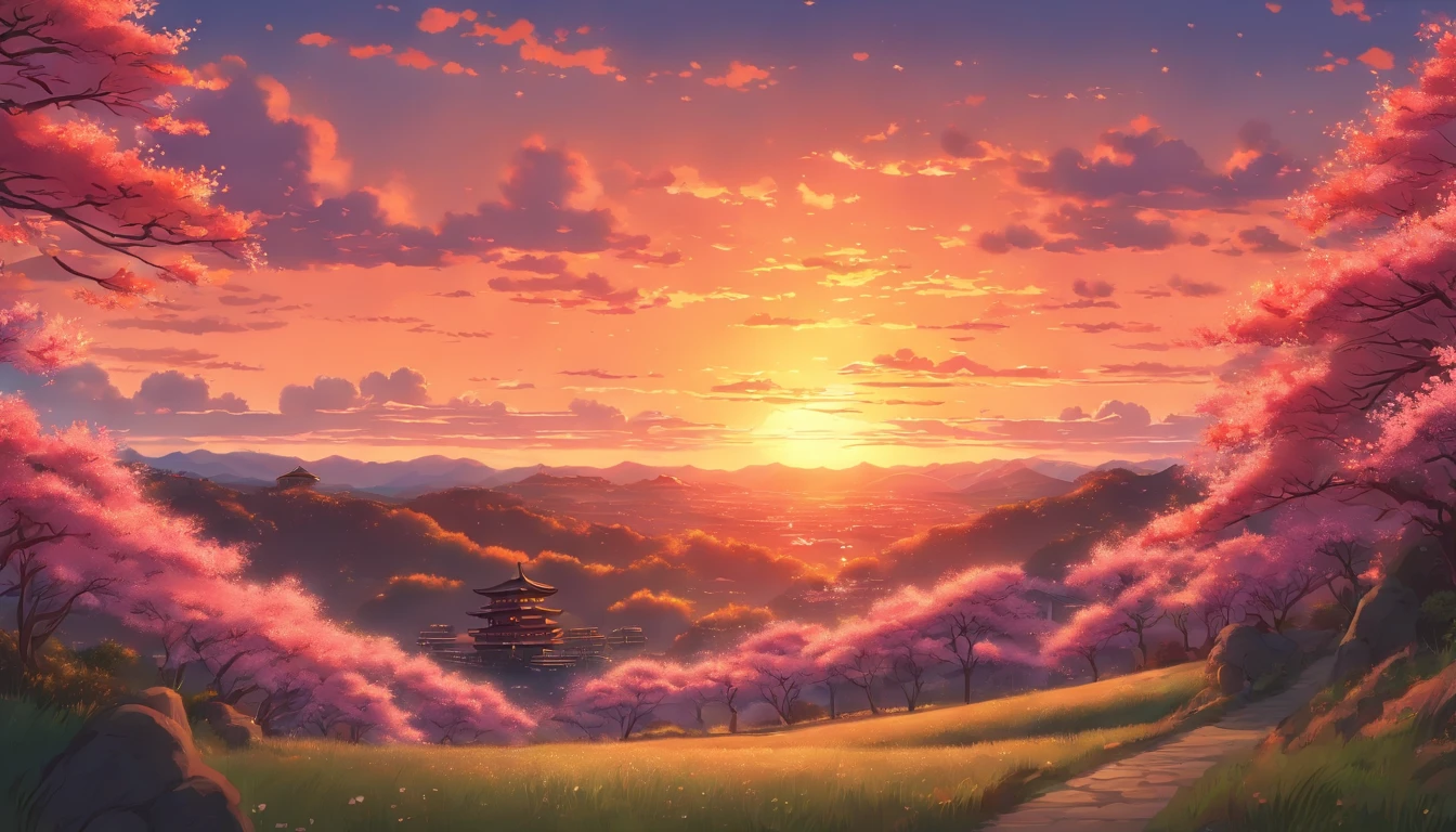 Anime-style depiction of a serene landscape at sunset, with fields of vibrant, blooming sakura trees, in the style of Studio Ghibli and Kyoto Animation.