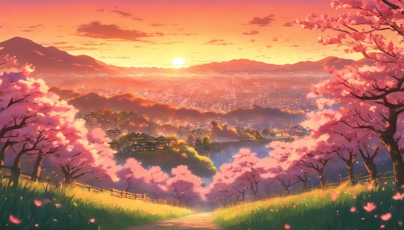 Anime-style depiction of a serene landscape at sunset, with fields of vibrant, blooming sakura trees, in the style of Studio Ghibli and Kyoto Animation.