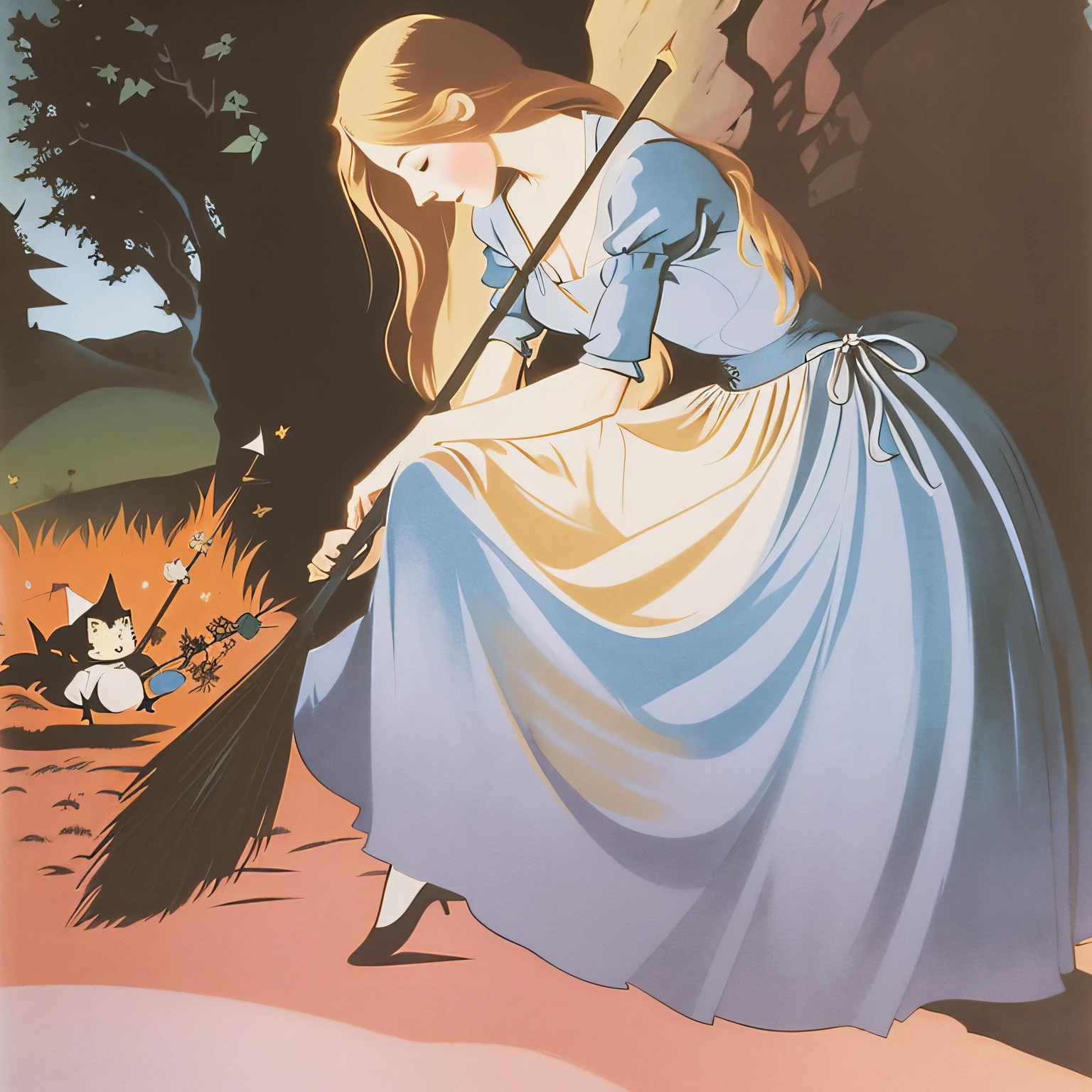 Draw a woman in a blue dress sitting on a broomstick, full-colour illustration, marc davis, angus mcbride, marc davis artwork, Inspired by Gustav Tengren, fairytale painting, author:Gustav Tengren, Alice, witch burning, author:Dorothea Tannin, inspired by Lotte Reiniger, Color illustration, fairytale illustration, a fairy tale illustration
