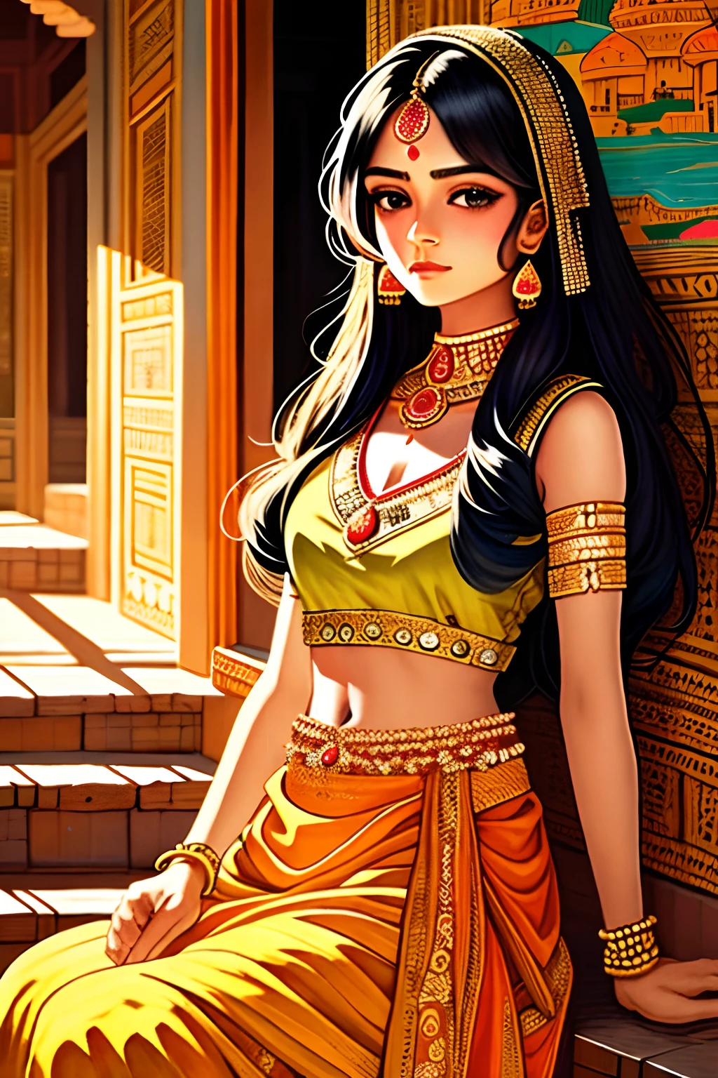 masterpiece, best quality, ultra-detailed, best illustration,_1 girl, Rajasthani painting