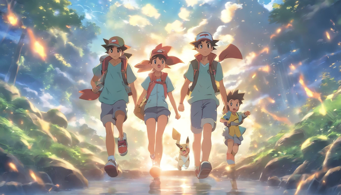 Detailed character art of iconic anime trio Ash, Misty, and Brock from Pokemon, captured in a moment of adventure, in the style of Makoto Shinkai and Kyoto Animation.