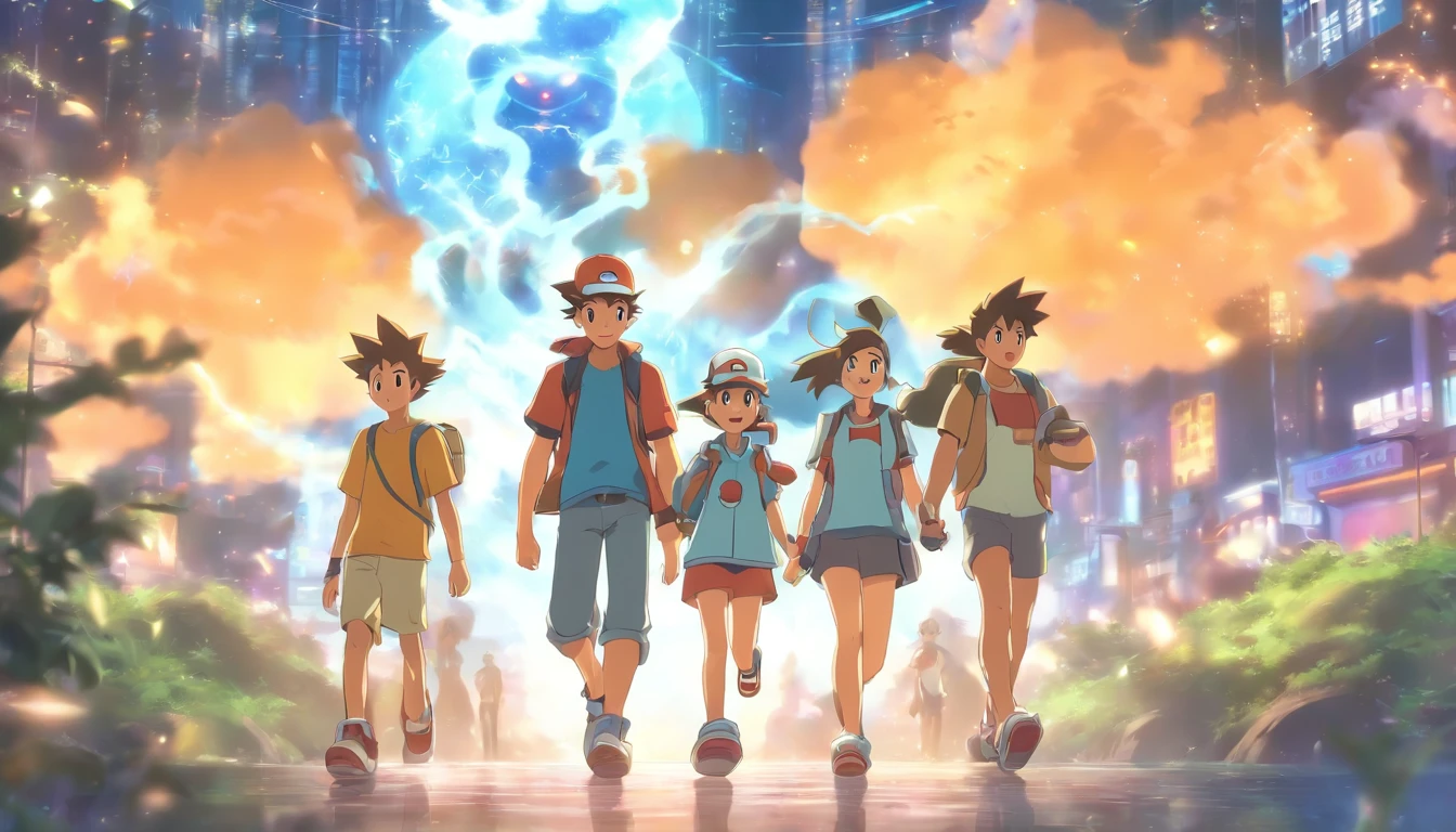 Detailed character art of iconic anime trio Ash, Misty, and Brock from Pokemon, captured in a moment of adventure, in the style of Makoto Shinkai and Kyoto Animation.