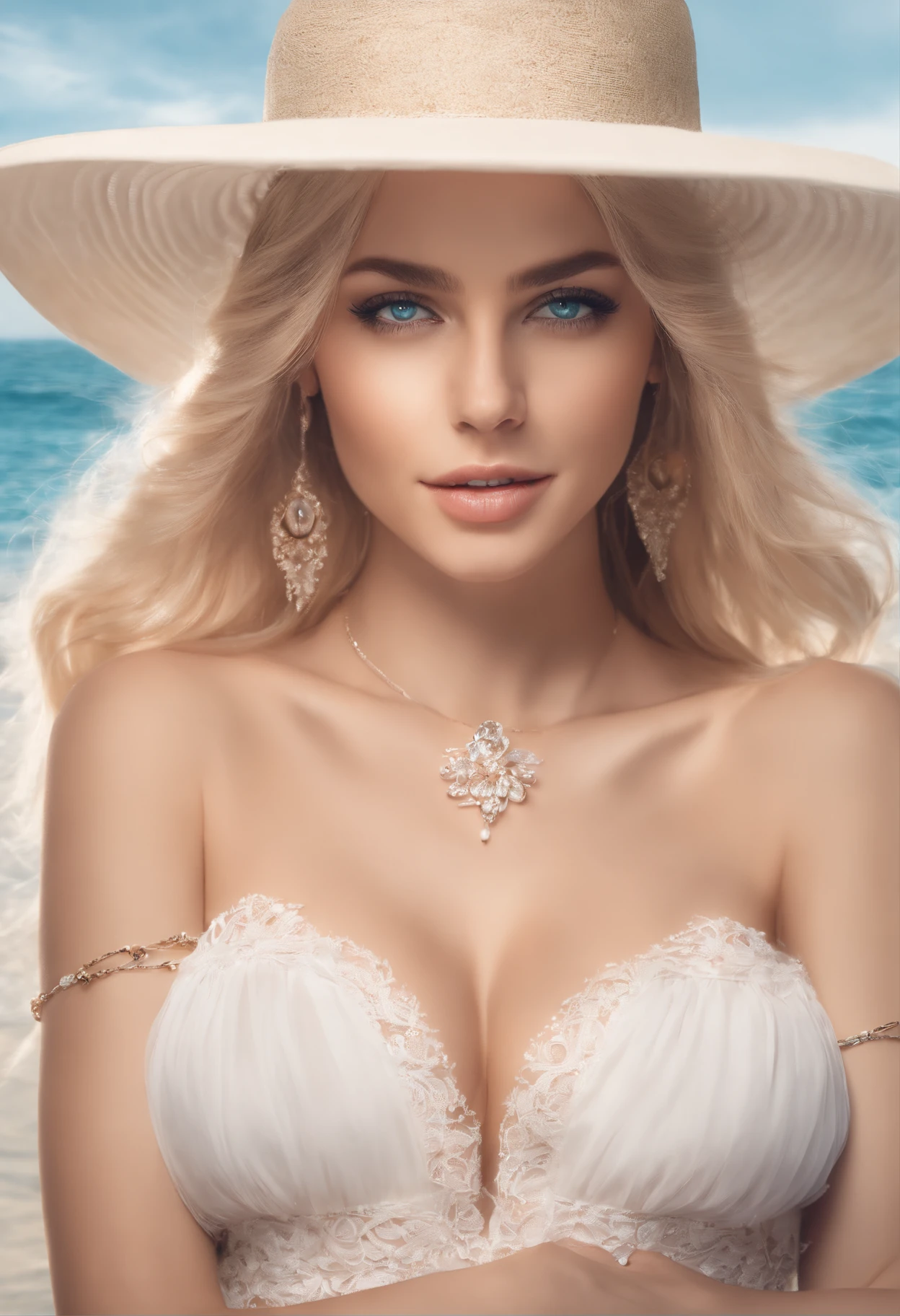 1girl, :d, aqua eyes, bangs, bare shoulders, beach, blush, bracelet, breasts, blonde hair, choker, cleavage, collarbone, dress, earrings, eyebrows visible through hair, hat, jewelry, long hair, looking at viewer, large breasts, , ocean, off-shoulder dress, off shoulder, open mouth, outdoors, ribbon, smile, solo, sun hat, water, white dress, white headwear