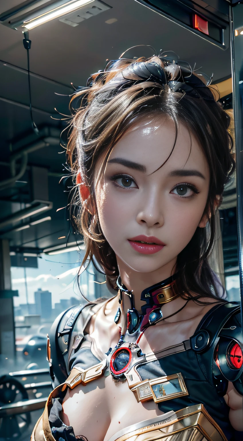 primitive, Masterpiece, super thin photo, Best quality, 超高分辨率, Photorealistic, Sunlight, Full body portrait, Incredibly beautiful, Purple hair, dynamicposes, Delicate face, Vibrant eyes, (Side view), She is using the futuristic Iron Man engine, Red and gold color scheme, Night town background, Highly detailed, Detailed face, Detailed and complex busy background,  Messy, Gorgeous, Milky white, Highly detailed skin, Realistic skin details, Visible pores, Sharp focus, volume fog, 8K  UHD, SLR camera, High quality, filmgrain, light-skinned, Photorealism, DL, Expand metropolises in futuristic dystopias, View from below, Translucent