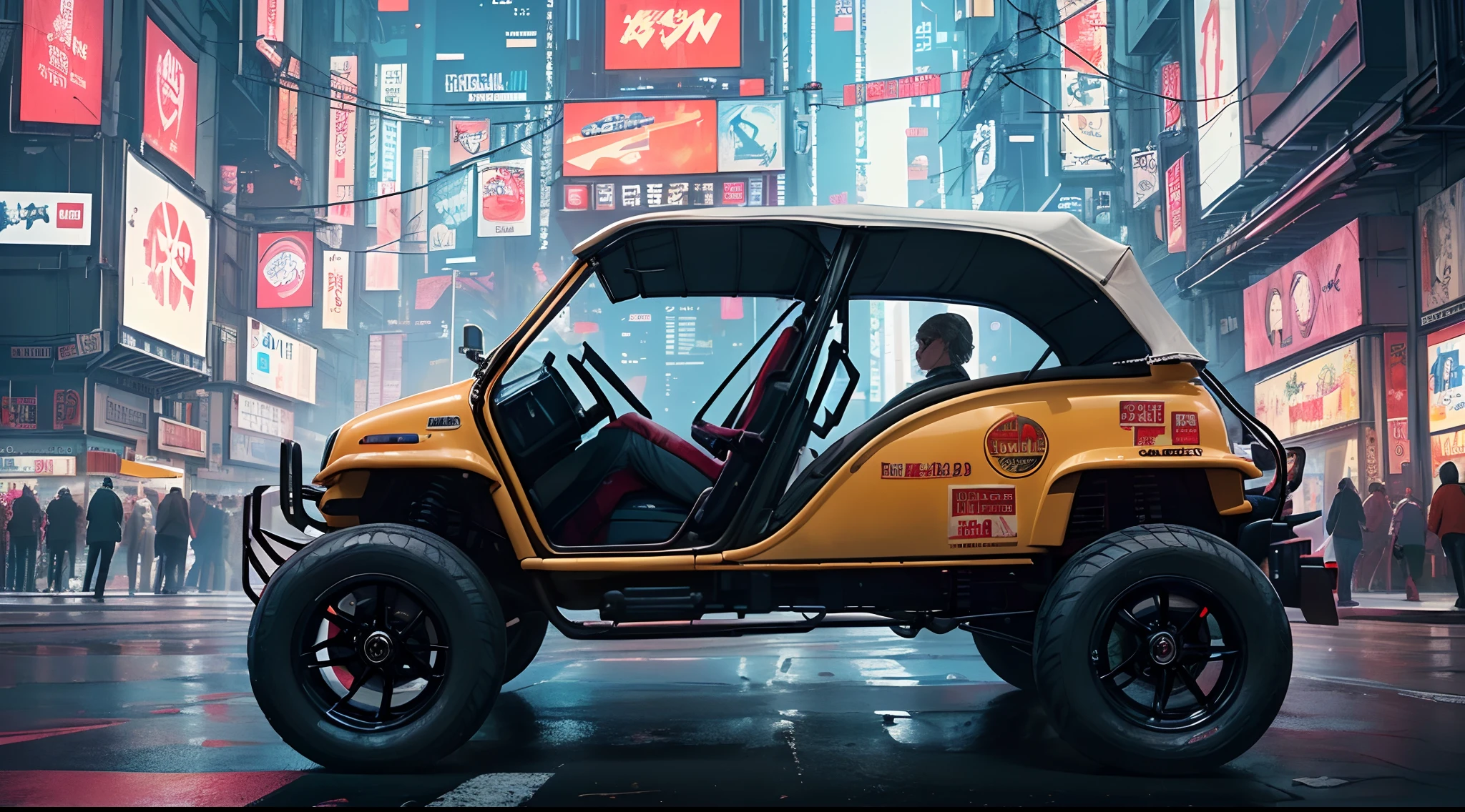 (at late night:1.3), , (detailed beautiful skin textures, detailed beautiful face, ultra detailed clothing textures), , (Cyberpunk:1.4), , (an ultra detailed four-wheeled and long bonnet tuk-tuk with  letter-tyres), , (3/4 front view, The car is in the center of the frame), , (at parking area, at ultra detailed Night City of Cyberpunk), (All cars are classic cars with cyberpunk custumed), (softlighting), , (masterpiece, best quality:1.4, 8k, ultra-detailed, illustration, distinct_image, intricate_details, delicate illustration), (realistic:0.15),