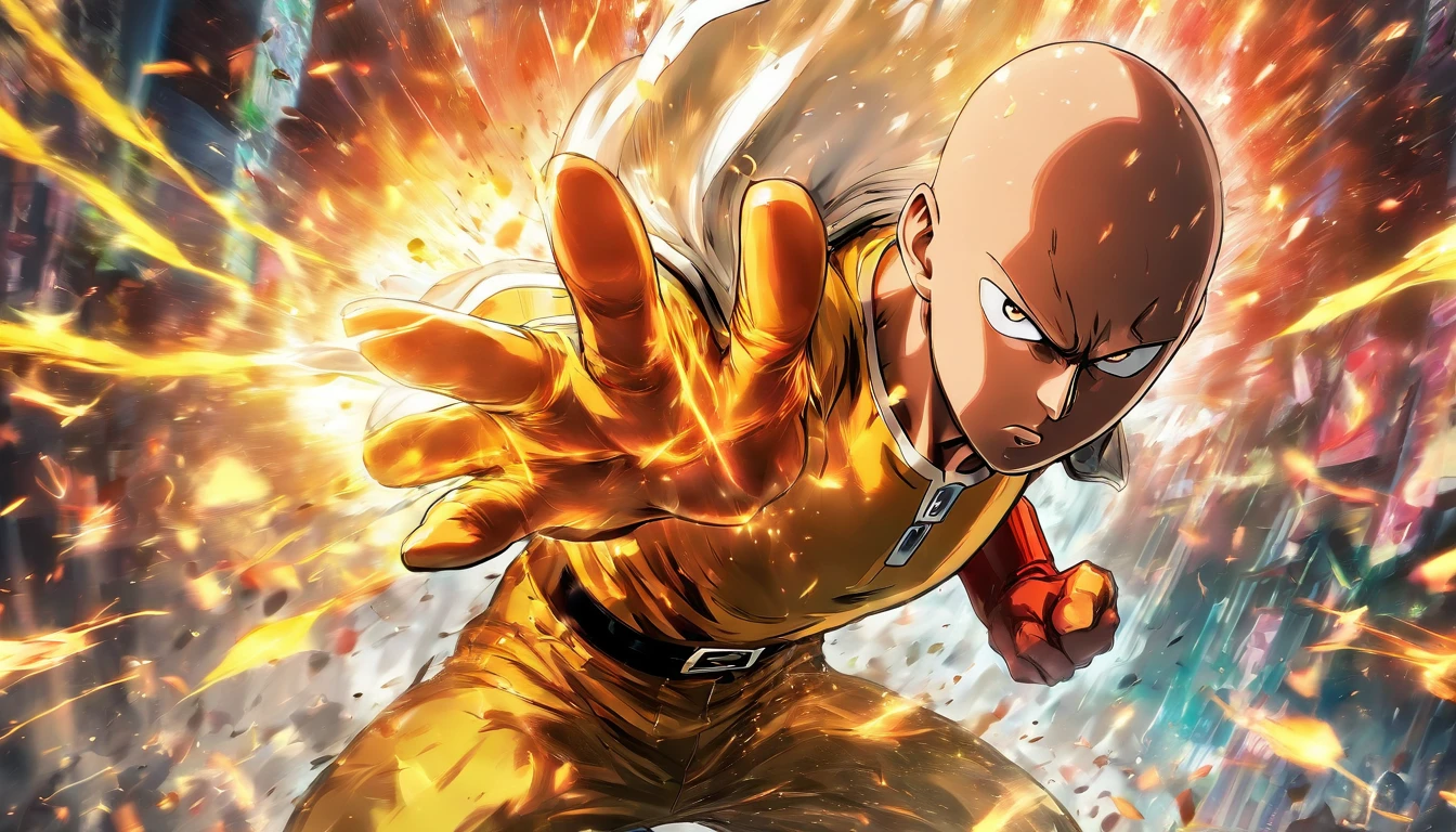 An epic scene from One Punch Man, featuring Saitama in mid-punch with dynamic, explosive background effects, rendered in a style inspired by Rossdraws and Stanley Artgerm Lau.