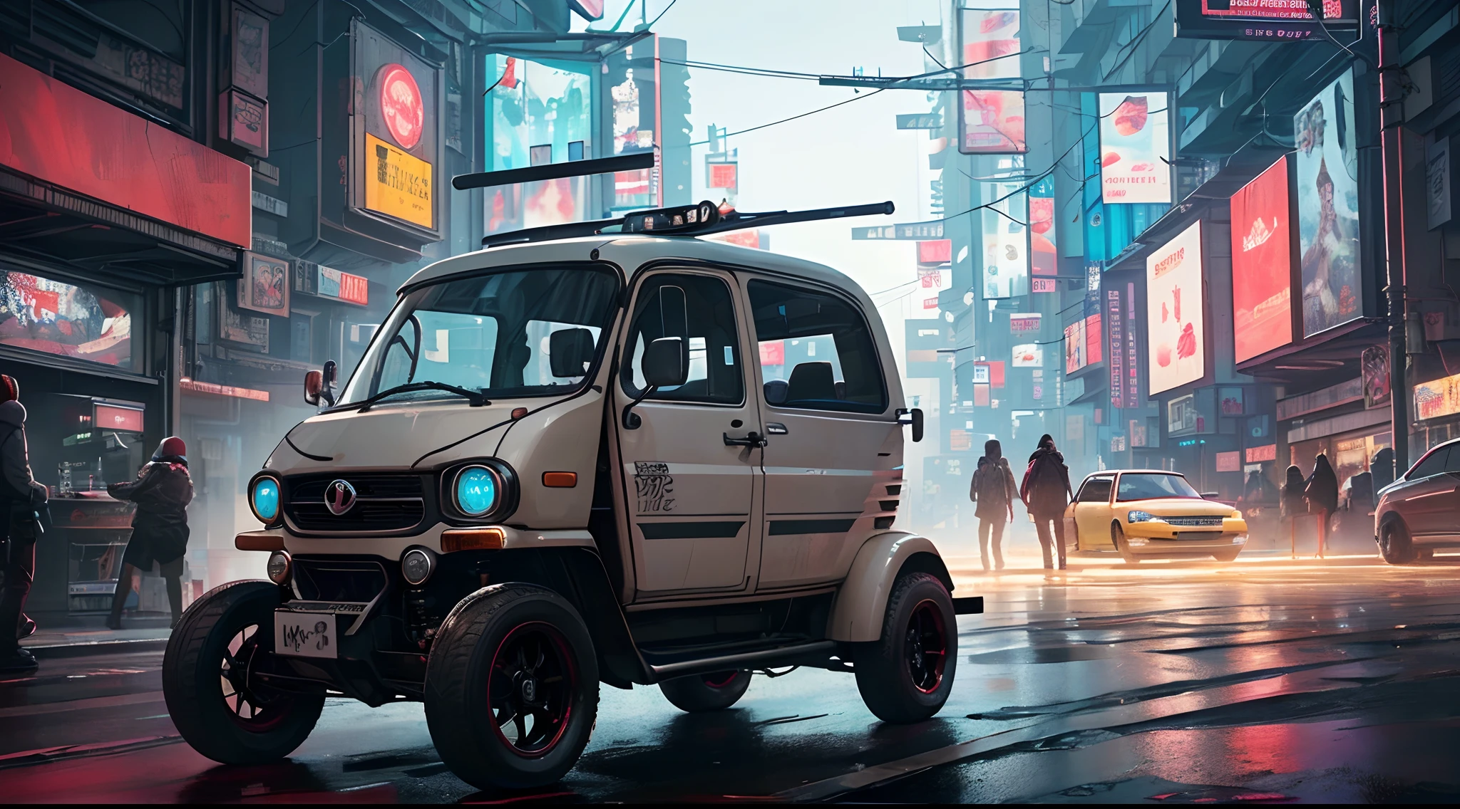 (at late night:1.3), , (detailed beautiful skin textures, detailed beautiful face, ultra detailed clothing textures), , (Cyberpunk:1.4), , (an ultra detailed four-wheeled and long bonnet tuk-tuk with  letter-tyres), , (3/4 front view, The car is in the center of the frame), , (at parking area, at ultra detailed Night City of Cyberpunk), (All cars are classic cars with cyberpunk custumed), (softlighting), , (masterpiece, best quality:1.4, 8k, ultra-detailed, illustration, distinct_image, intricate_details, delicate illustration), (realistic:0.15),