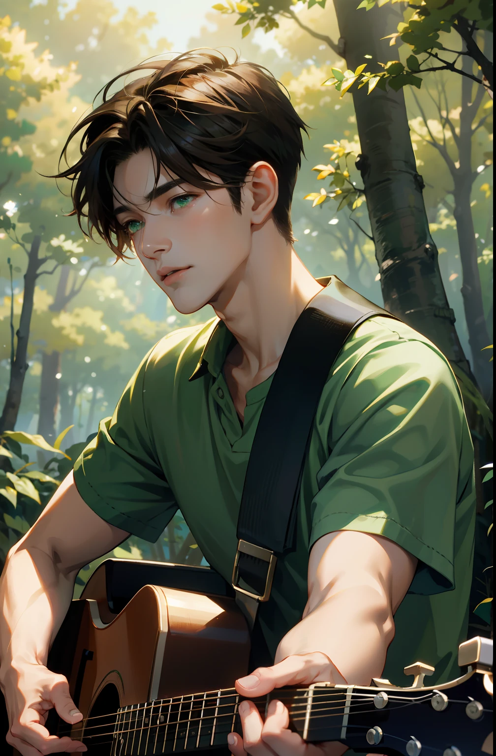 (3D:0.5,realistic:0.5,photorealistic:0.5),(absurdres,Super-resolution,masterpiece,best quality,finely detailed,absurdres:1.2), dramatic light, dramatic illumination, cinematic, anime scenery, makoto shinkai, ghibli, fantasy world, magical, (((1boy))), young male, short cut hair,(((middle part hairstyle))), (((brown hair color))) irish male, nature, plants, leaves, green, (((portrait picture))), Smile softly, look at the camera, (((green eyes)), (((forest) )) (((wearing Green shirt)), (((singing with guitar)))