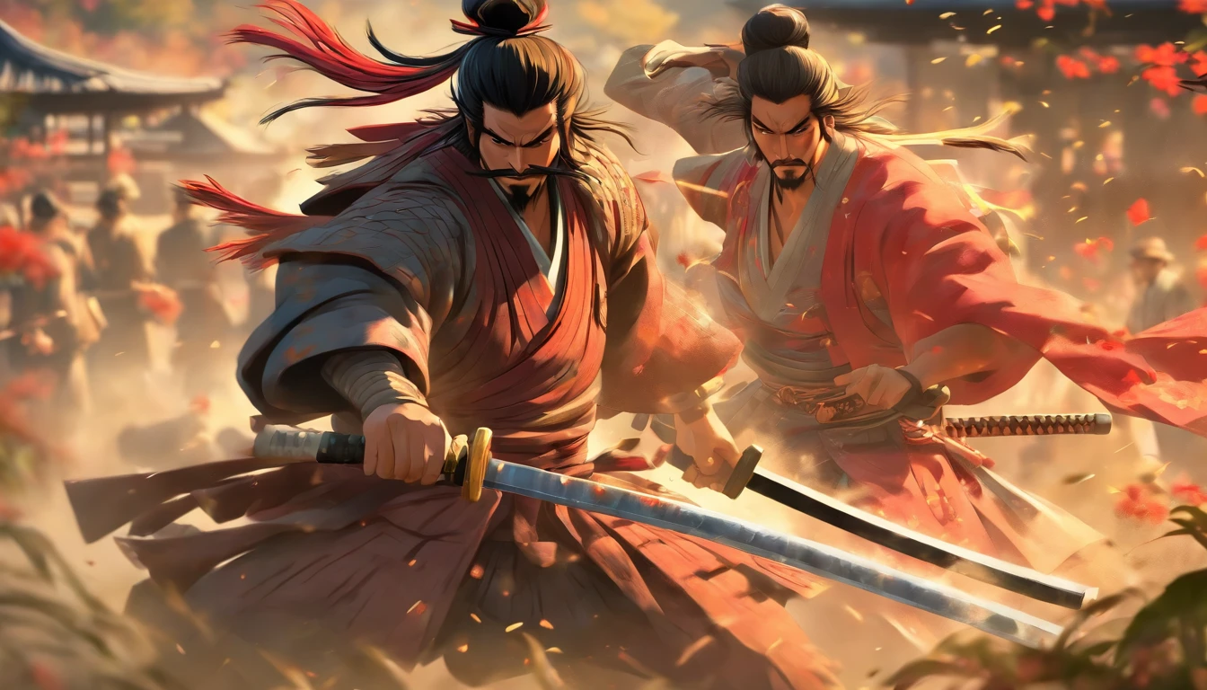 Anime-style rendering of a historic Samurai duel, with highly detailed characters and a scenic, atmospheric background, reminiscent of art by Hideaki Anno and Stanley Artgerm Lau.
