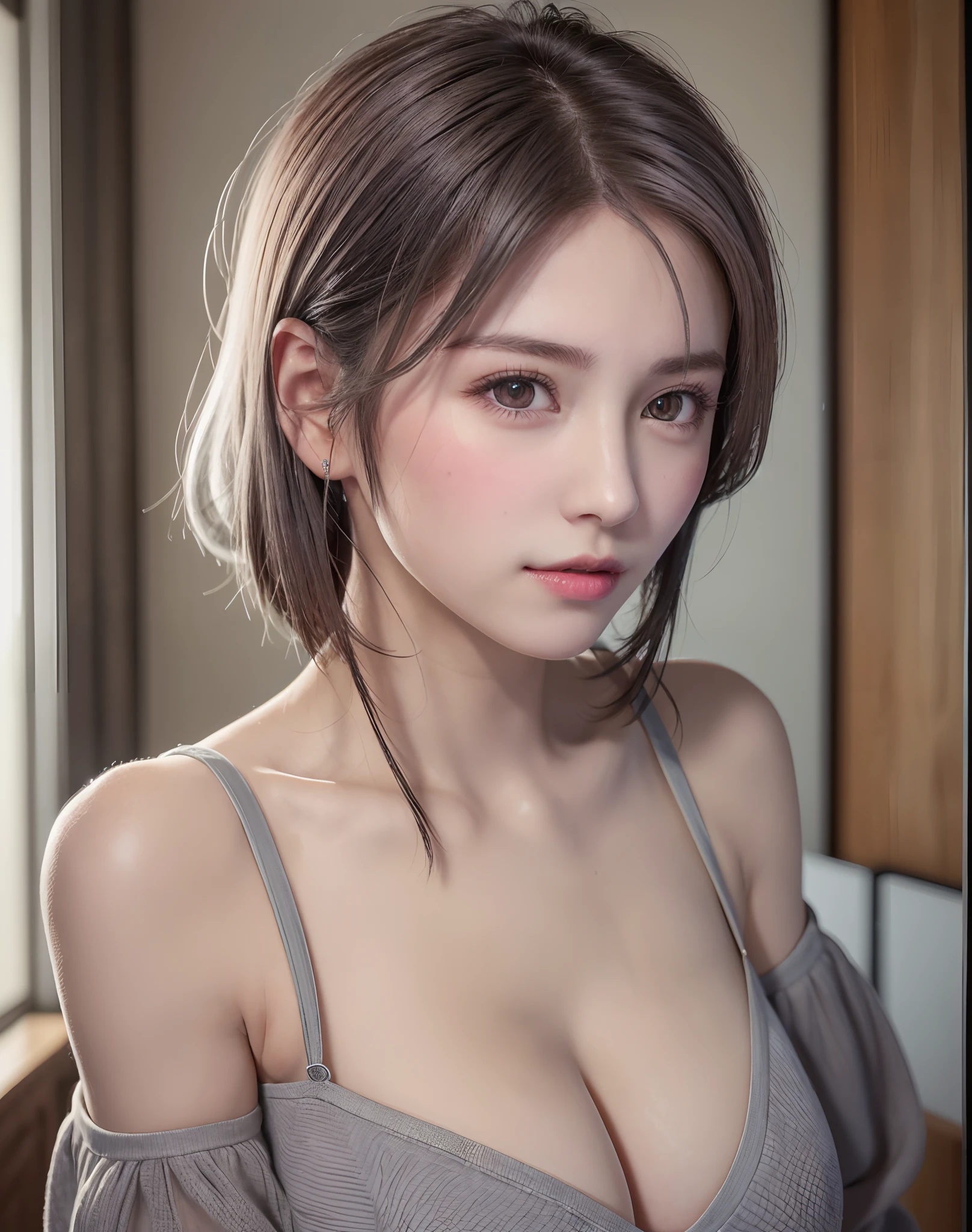(8K, Photorealistic, Raw photo, of the highest quality: 1.3), (1girl in), Super beautiful, (Realistic face), (boyish, Silver Color Berry Shorthair), Beautiful , Glare that captivates viewers, Beautiful expression, Beautiful breasts, (Realistic skin), Beautiful...