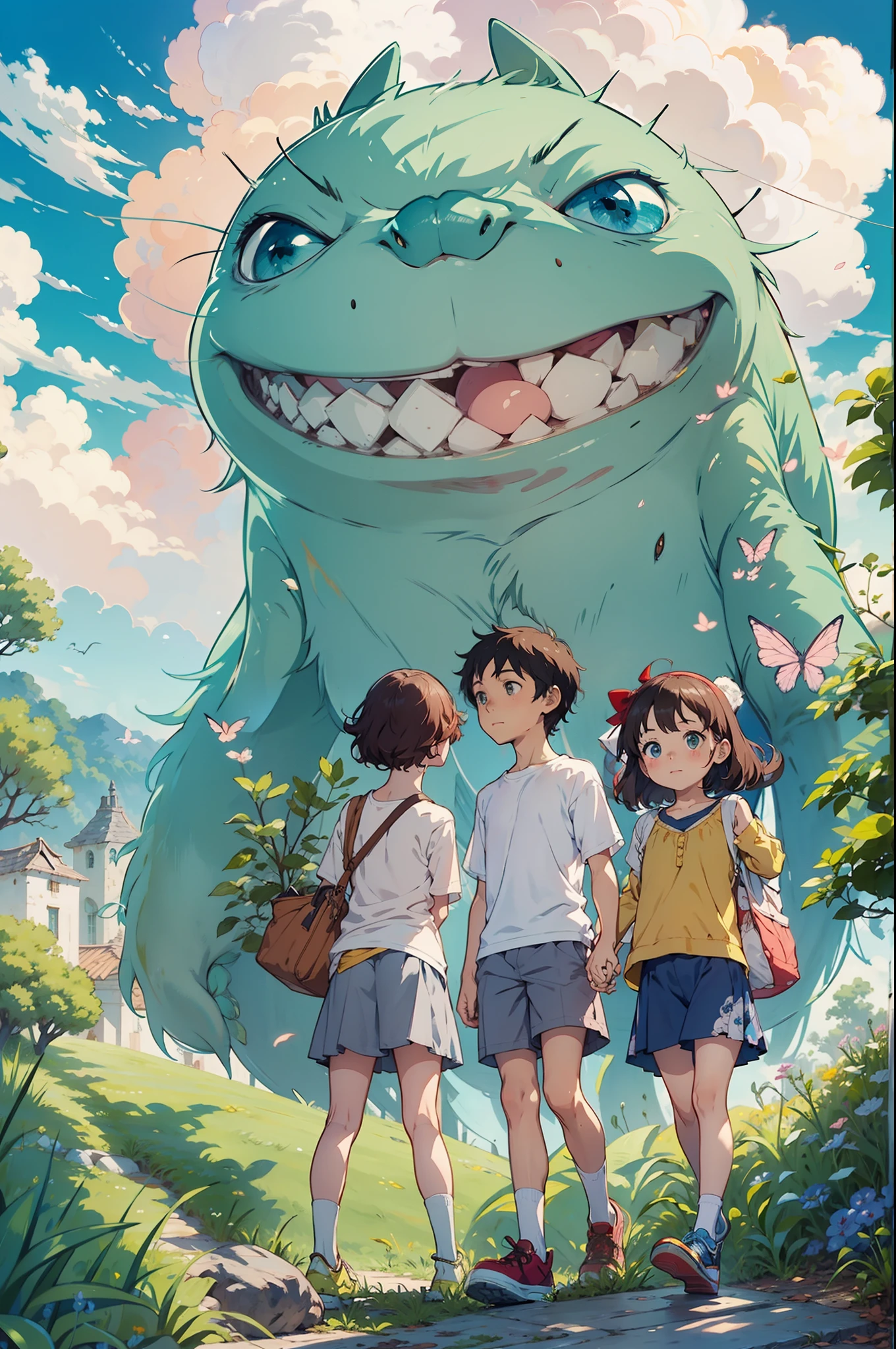 Chicos jovenes observando el cielo en un prado verde, Real anime costume design, Viaje de Chihiro, Totoro. detallado, colorido, cielo azul con dragon blanco volando.