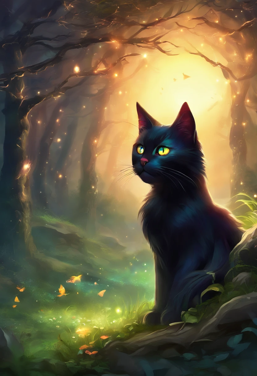 there is a black cat sitting in the grass with a glowing light, magical glowing eyes, beautiful glowing eyes, bright glowing eyes, glowing magical eyes, dream animal cute eyes, sparkling eyes, cute detailed digital art, adorable digital painting, brightly glowing eyes, cute digital art, beautiful white glowing eyes, very glowing eyes, starlit shining eyes, bright glowing eyes like leds