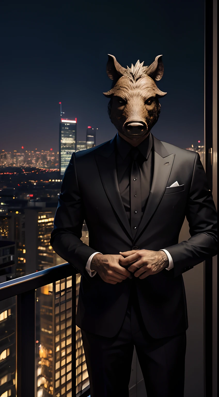 wild boar mask creature, smoking cigarettes', black suit, glass of wine, god father style, standing at the balcony, city at night background, skyscrapers, full body, masterpiece, ultra high quality, ultra face detail