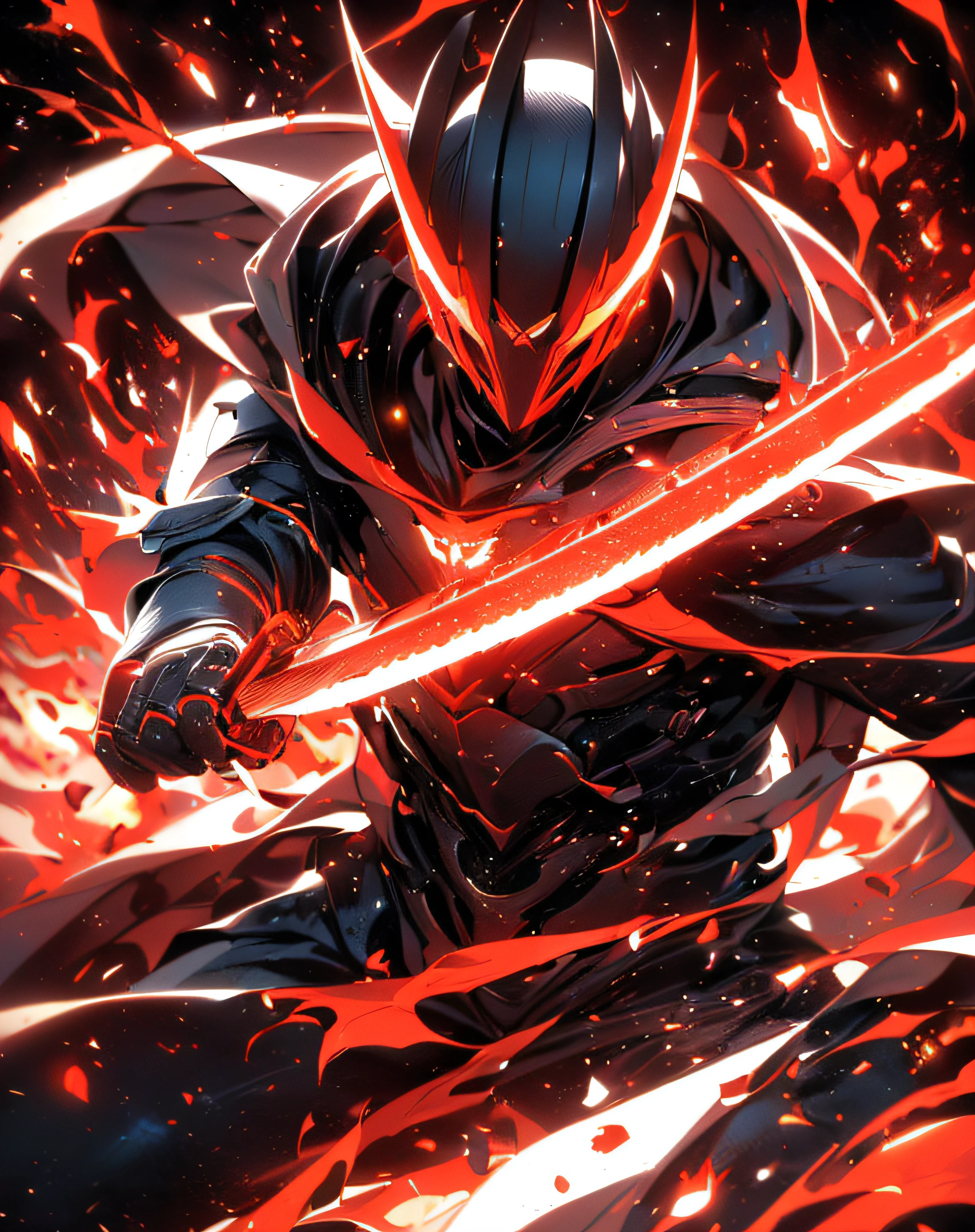 Super Realistic, Hyper Realistic, Super Detailed, (cybersamurai, 1boy, ((solo)), attacking with red sword, wearing black-red armor and mask, cape, glowing beautiful red eyes, glow:1.3) (glowing simple black background:1.25),