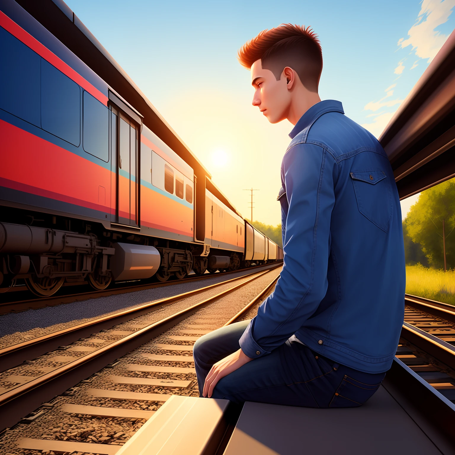 there is a young man sitting on a rail road track, [ digital art ]!!, realism artstyle, back side sun is raising