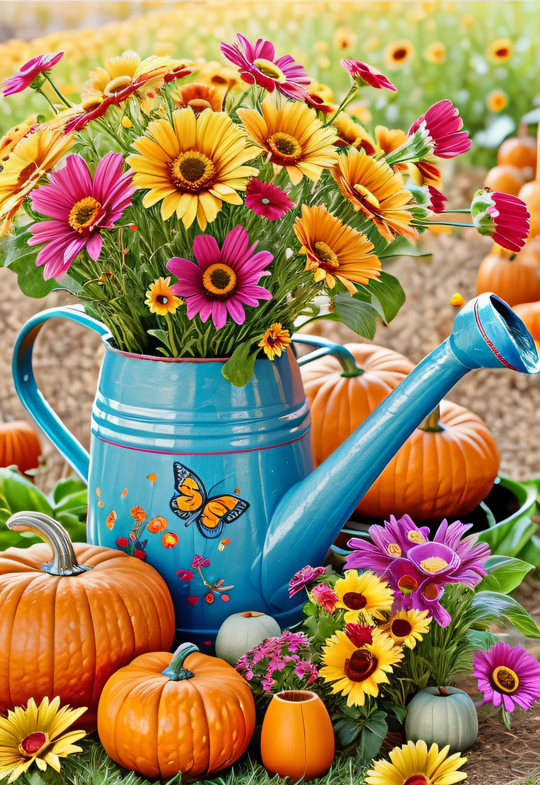 a close up of a painting of a watering can with flowers and pumpkins, harvest fall vibrance, harvest fall vibrancy, watering can, autumn season, harvest, by Randy Gallegos, rural splendor, fall vibrancy, autum garden, fall season, the goddess of autumn harvest, autumn tranquility, by Jaime Jones, 3 2 x 3 2