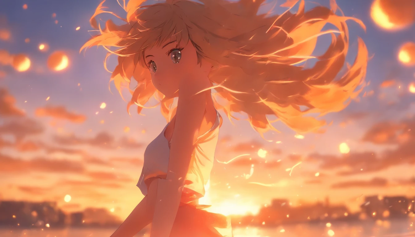 Beautiful anime girl with neko characteristics, captured in a moment of playfulness against a warm, sunset background, inspired by Makoto Shinkai and sakimichan, trending on Artstation and Pixiv.
