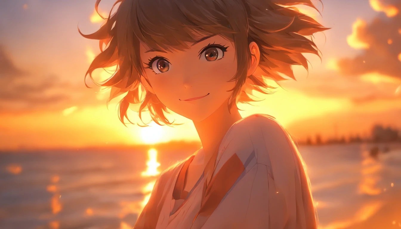 Beautiful anime girl with neko characteristics, captured in a moment of playfulness against a warm, sunset background, inspired by Makoto Shinkai and sakimichan, trending on Artstation and Pixiv.