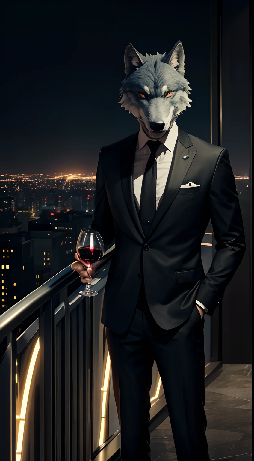 wolf mask creature, smoking cigarettes', black suit, glass of wine, god father style, standing at the balcony, city at night background, skyscrapers, full body, masterpiece, ultra high quality, ultra face detail