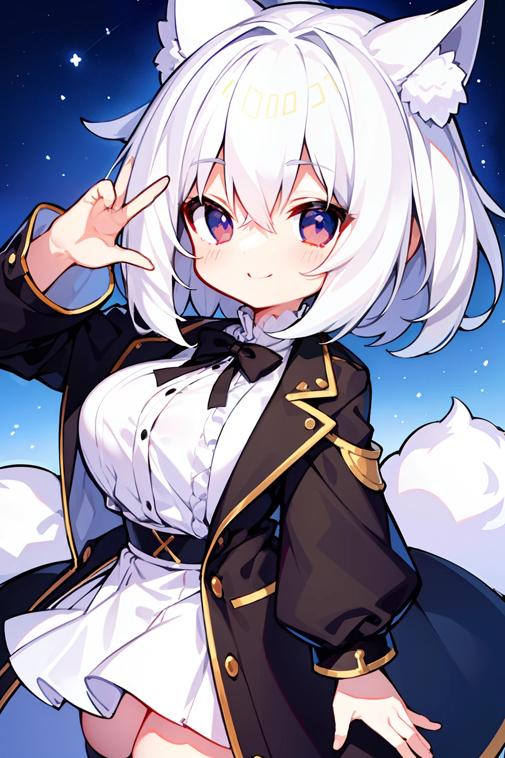 masterpiece、top-quality、女の子1人、white hair、Wolfcut、Viewer's Perspective、kawaii、Long jacket、Black Inner、爆乳、Short stature、A slight smil、A slender