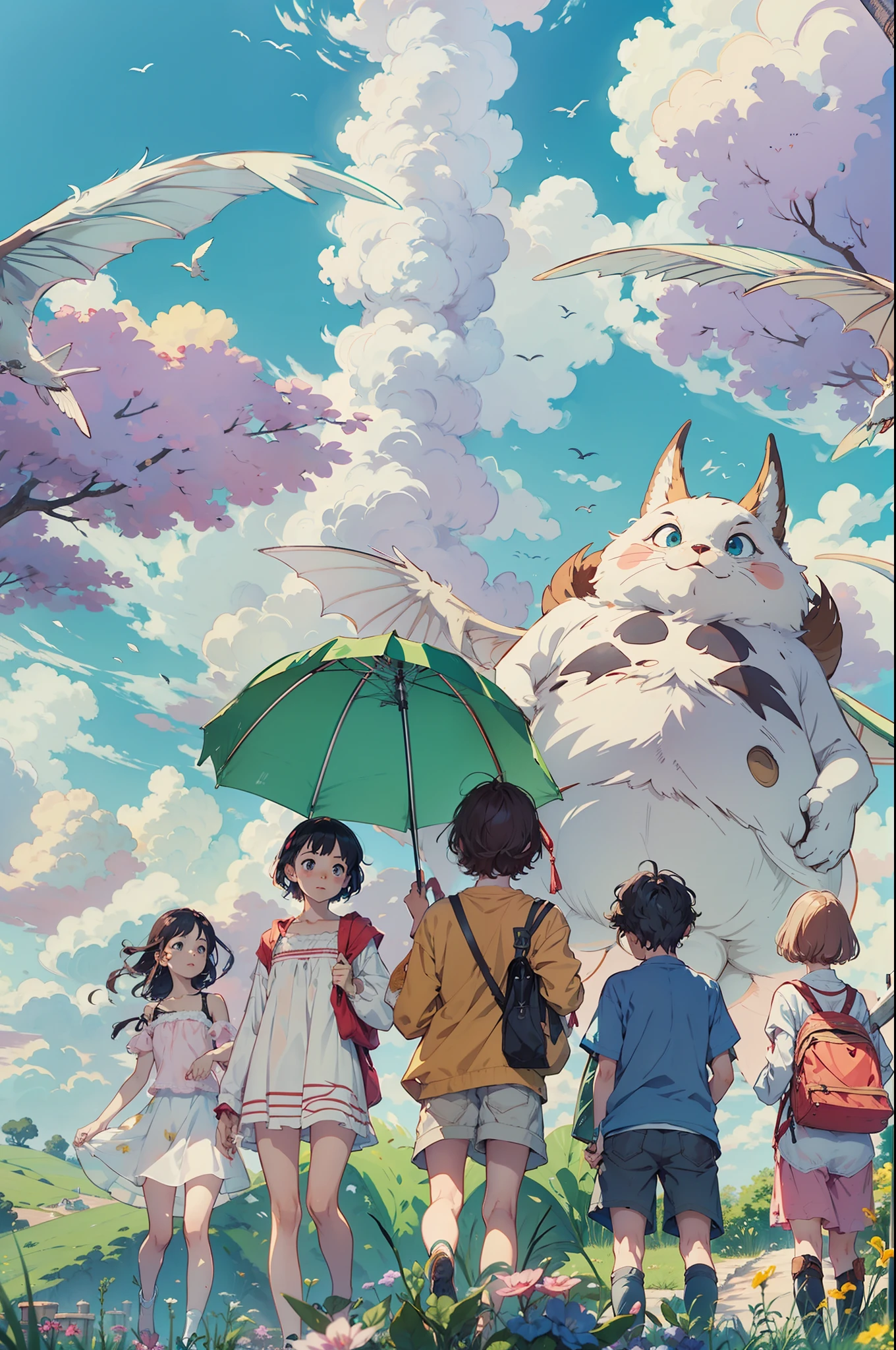Chicos jovenes observando el cielo en un prado verde, Real anime costume design, Viaje de Chihiro, Totoro. detallado, colorido, cielo azul con dragon blanco volando.