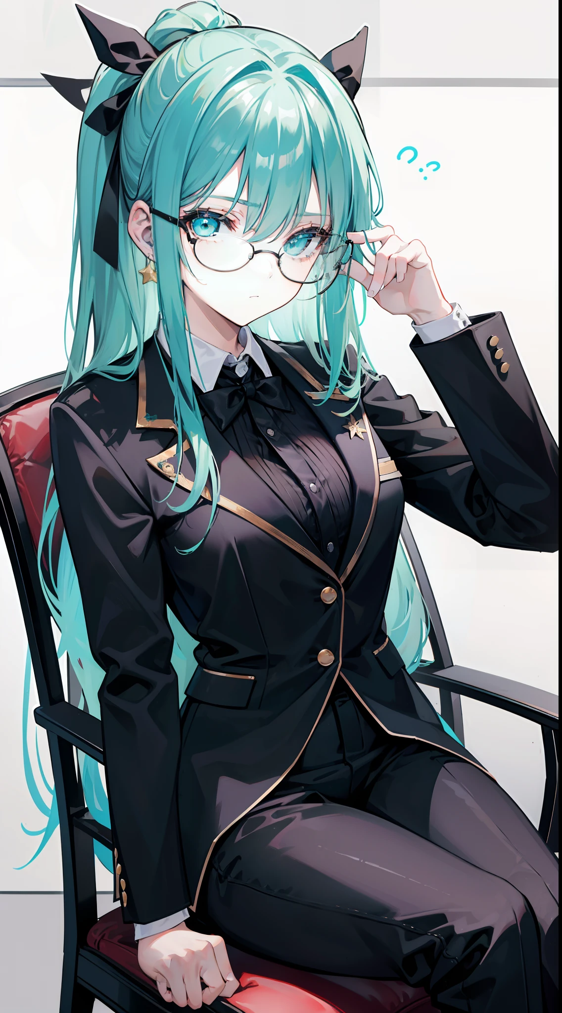 Huza、eye glass、top-quality, Photorealistic, An ultra-fine illustrations, beautiful attractive anime girl, miku hatsune, Slender body, Tied hair, one girls, a photo of girl, Full body shot, Beautiful blue eyes, Turned, in a office、Sitting at your desk、Women's Suits、