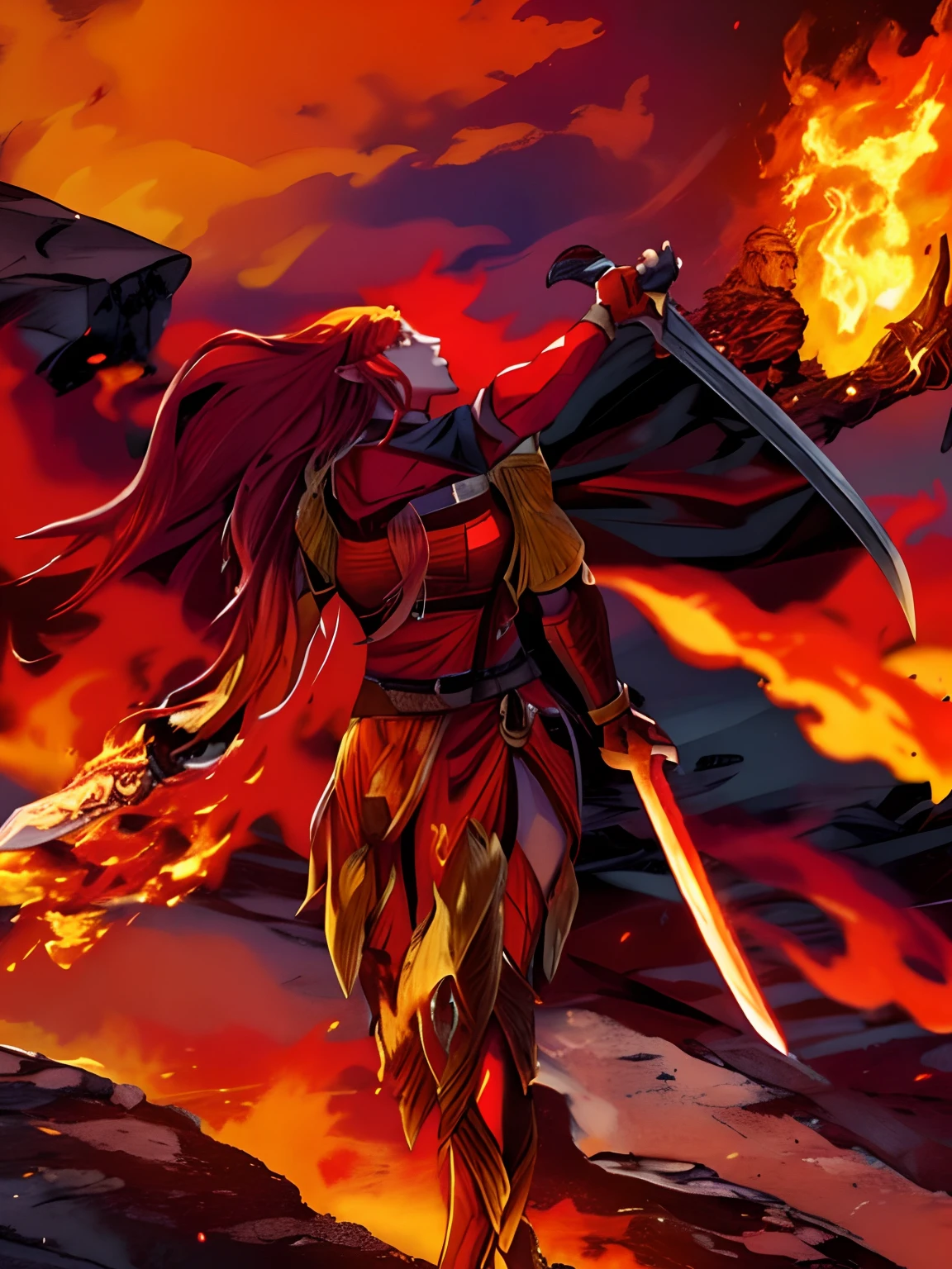 flames are burning behind a man with a large sword, lava and fire goddess, fire giant, goddess of war, fantasy character photo, appears as the fire goddess, epic elven warrior, ghost of the fire spirit, fire mage, fire goddess, holding a flaming sword, wielding a flaming sword, goddess of fire, full dress of lava showcase, norse warrior, phoenix warrior