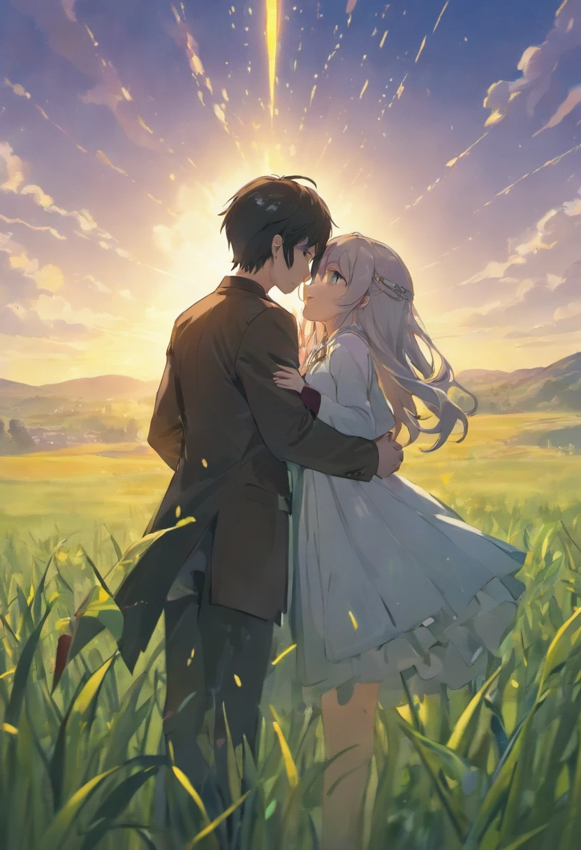 A couple embracing in a field looking at the sky (The photograph is taken from behind) (((Three tears))) Bright tears fall from the sky, The first bigger than the second, the second larger than the first, 4k, steampunk, Inside every tear is a , cinemactic, render 3d