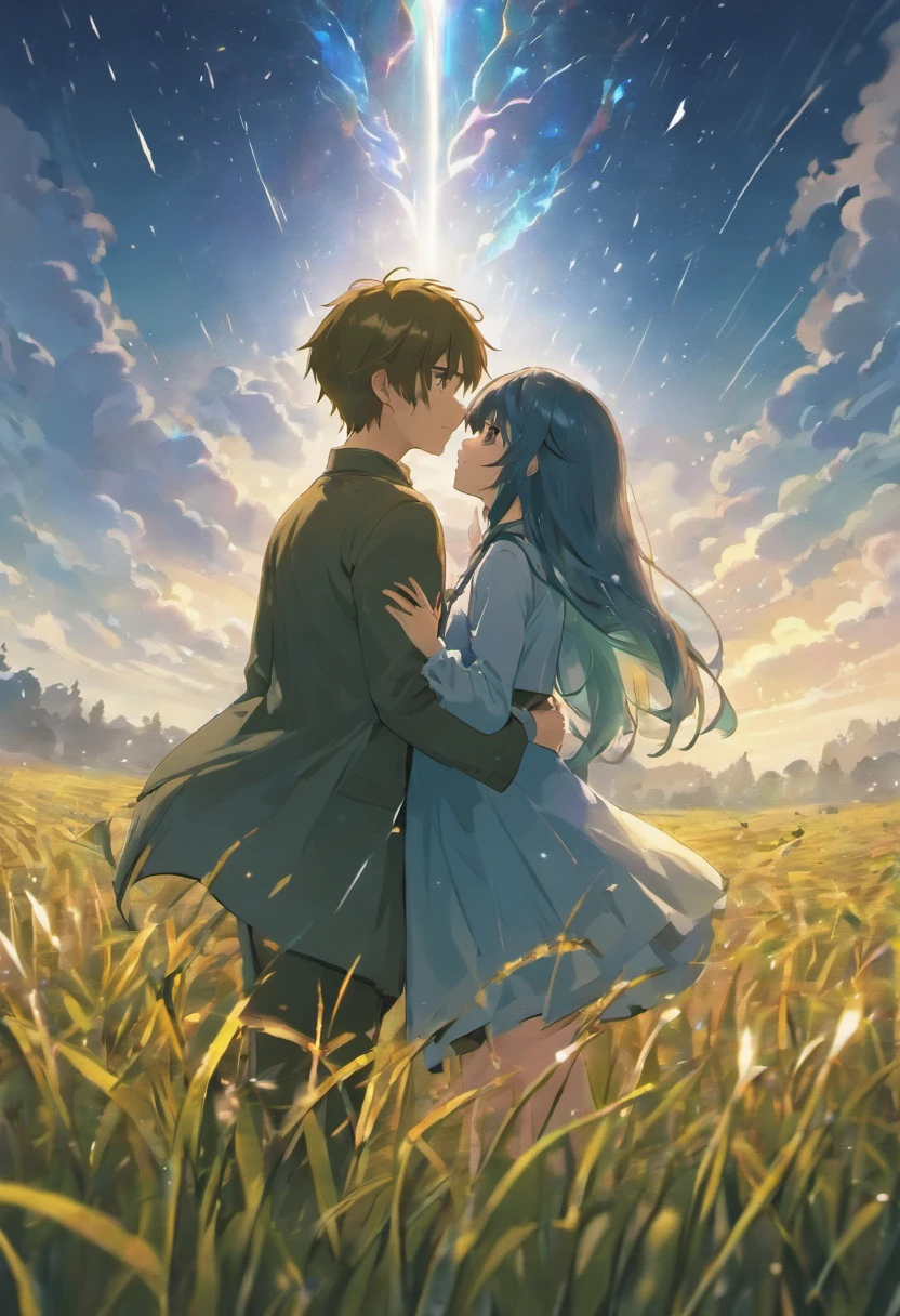 A couple embracing in a field looking at the sky (The photograph is taken from behind) (((Three tears))) Bright tears fall from the sky, The first bigger than the second, the second larger than the first, 4k, steampunk, Inside every tear is a , cinemactic, render 3d