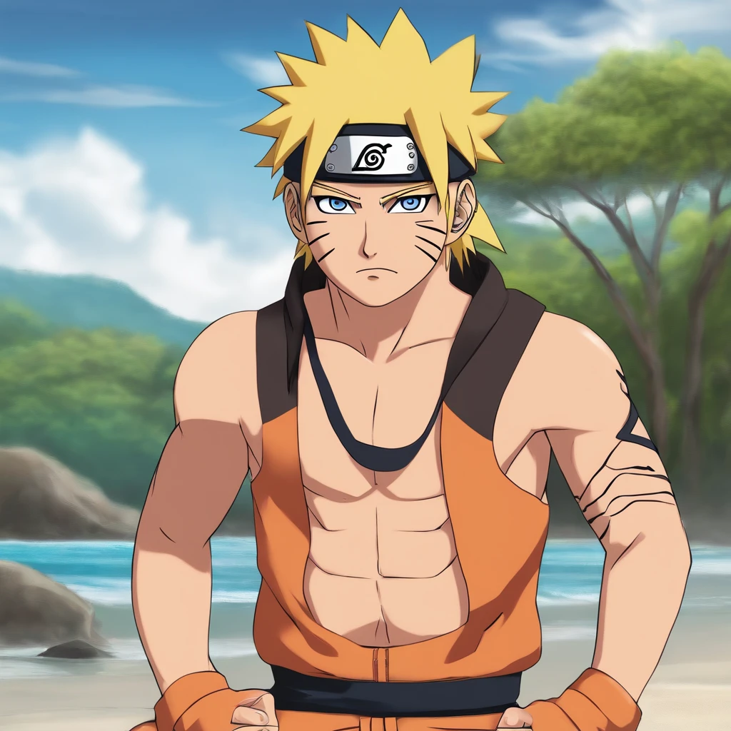 (Muscular and muscular thighs) Uzumaki Naruto, sweaty, topless, shirtless, sunny, shiny skin, tanned skin, body builder, cute , lying on the bed, lying in a pose  Comfortable position, hands on the bed, hands close to the body (close-up)