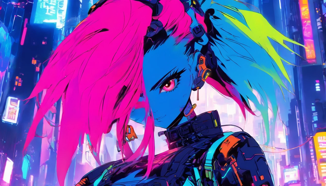 Character concept art for a futuristic cyberpunk anime girl, with neon-colored hair and high-tech accessories, in a detailed, dynamic cityscape background, trending on ArtStation and Pixiv.