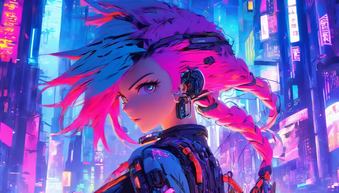 Character concept art for a futuristic cyberpunk anime girl, with neon-colored hair and high-tech accessories, in a detailed, dynamic cityscape background, trending on ArtStation and Pixiv.