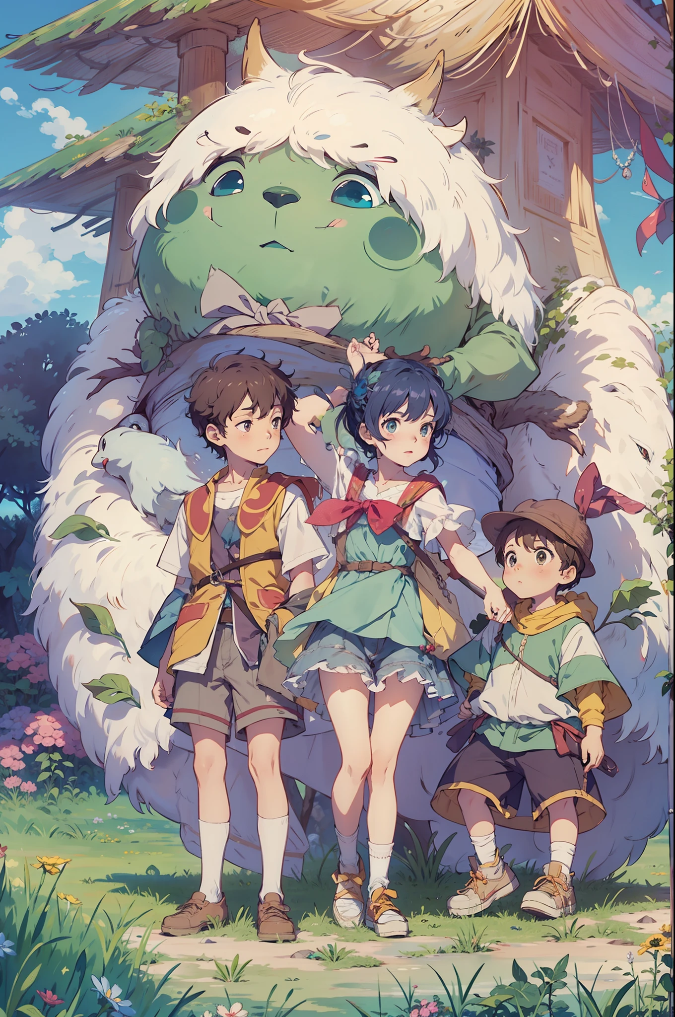 Chicos jovenes observando el cielo en un prado verde, Real anime costume design, Viaje de Chihiro, Totoro. detallado, colorido, cielo azul con dragon blanco volando.