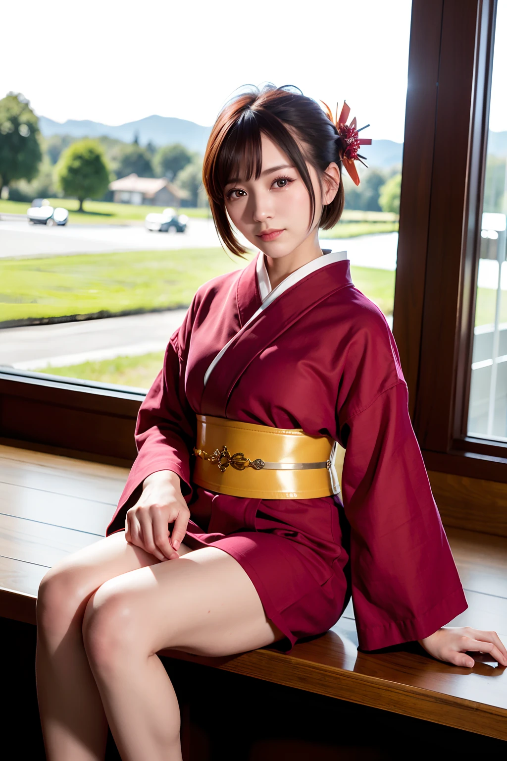 (8K、RAW Photography、top-quality、masterpiece:1.2)、(reallistic、Photorealsitic:1.37)、The ultra -The high-definition、1 girl in、cute little、独奏、Beautiful sky、Detailed Cafe、natta、Sitting、date、(Nasal redness)、(a smile:1.1)、(Closed)、mideum breasts、beautidful eyes、(oiran:1.1)、(short-hair:1.2)、Floating Hair