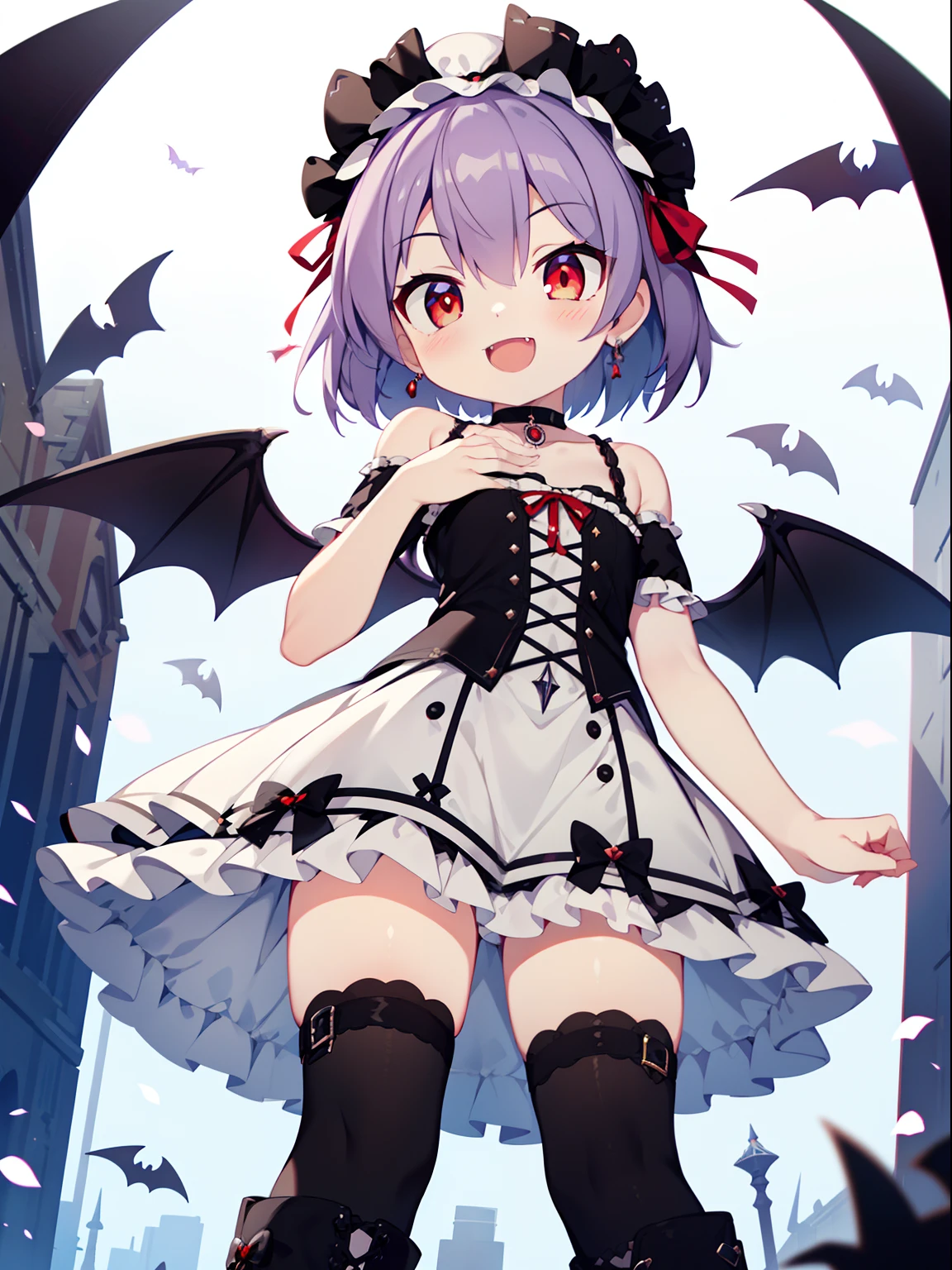 Colorful , masutepiece, Best Quality, 1girl in, loli, purple hair, short hair, spiky hair, Evil Female Executive, Goth Lolita Costume, a miniskirt, White stockings, White garter belt, Large red ribbon, a choker, White inner, black clothes, Sadistic smile, evil smile, bkack boots, petite, from below, looking at viewer,