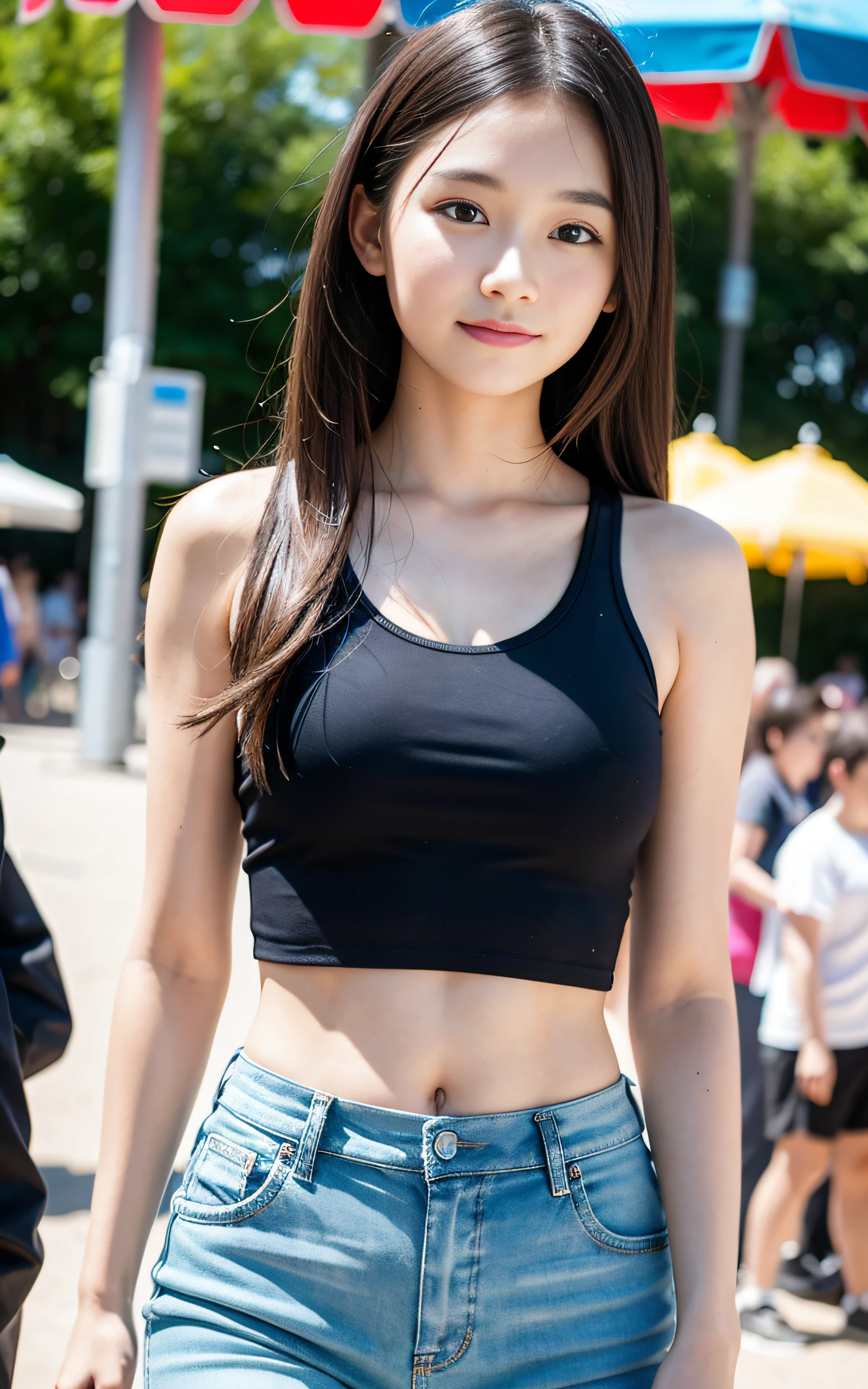 ((Mid-breasted, Tomboy, Small head)), Dawn, sunlight, (Trained abdominal muscles: 1.1), (Perfect body: 1.1), (Long Wavy Hair: 1.2), Reddish brown hair, collar, Lock, Full Body Shot, Crowded street, Black Tank Top, (((mini skirt)), (Highly detailed CG 8k wallpaper), (Very delicate and beautiful), (masterpiece), (highest quality: 1.0), (ultra High resolution: 1.0), Beautiful lighting, Perfect Lightning, Realistic Shadows, [High resolution], Detailed skin, Super detailed, smile,