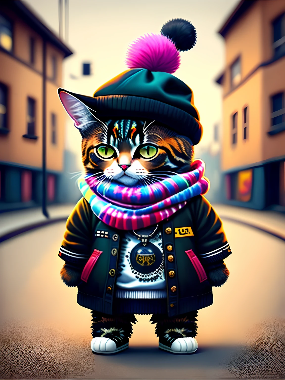 a painting of a cat wearing a hat and scarf, trending in the art station, dressed in punk clothes, detailed hyper realistic rendering, british gang member, street style, intimidating pose, planet of the cats, clothes with fashion, urban samurai, meow, west slavic features, 8 1 5