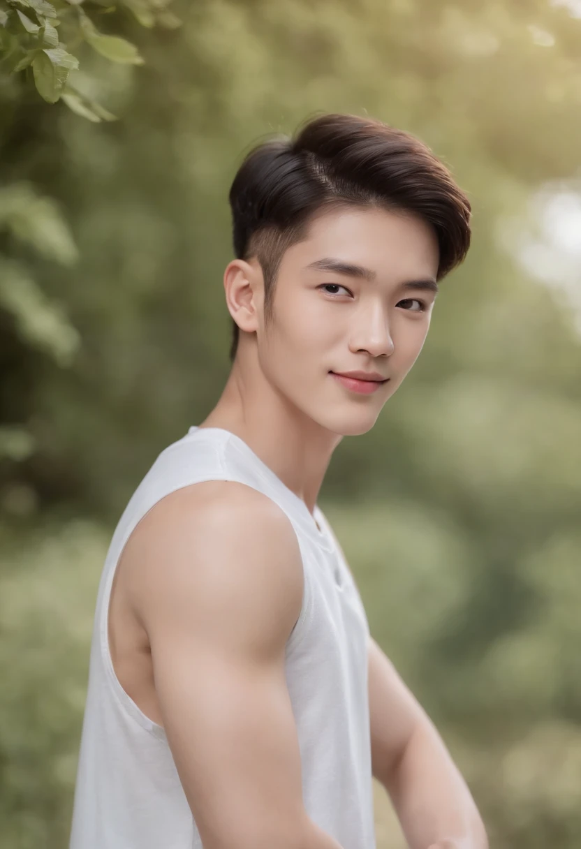 (Best quality,4K,A high resolution,Masterpiece:1.2),basketball player,Sports students,Sports Youth，Chinese handsome,Good-looking facial features,Short chiseled hair,Exposed abs,Fit for a robust body,18yr old,Lie flat on the lawn，The legs are naturally open，Brace your hands behind you，Emoji smile，