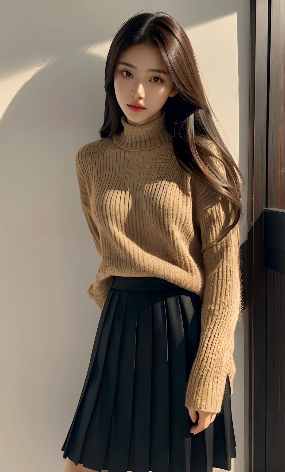 pleated skirt, knitted clothing, beautiful girl model, (Natural skin texture, hyperrealism, Soft light, edgy), 1 Girl, Natural facial expressions, asian girl with long hair, beautifull face