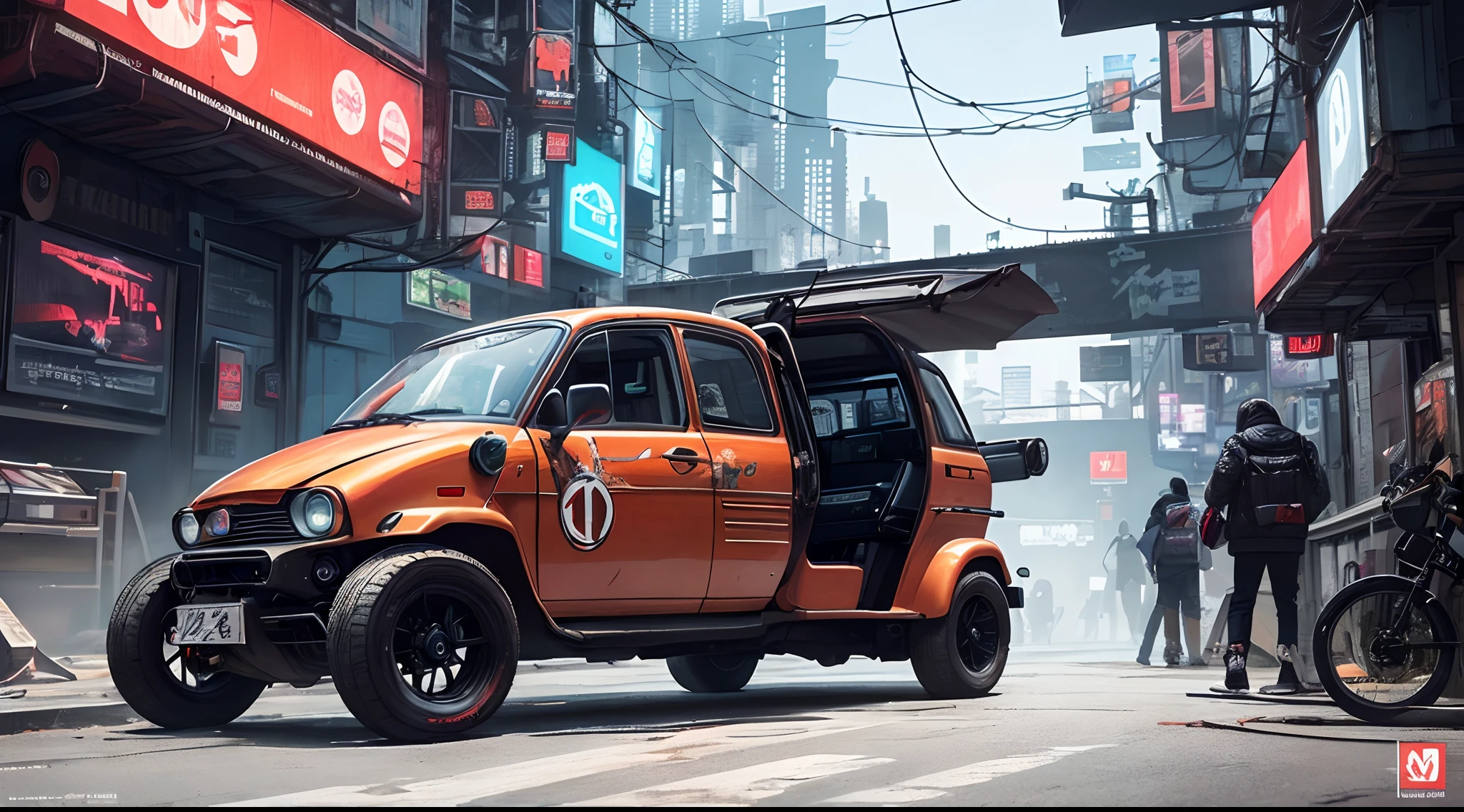 (at late night:1.3), , (detailed beautiful skin textures, detailed beautiful face, ultra detailed clothing textures), , (Cyberpunk:1.4), , (an ultra detailed four-wheeled and long bonnet tuk-tuk with  letter-tyres), , (3/4 front view, The car is in the center of the frame), , (at parking area, at ultra detailed Night City of Cyberpunk), (All cars are classic cars with cyberpunk custumed), (softlighting), , (masterpiece, best quality:1.4, 8k, ultra-detailed, illustration, distinct_image, intricate_details, delicate illustration), (realistic:0.15),