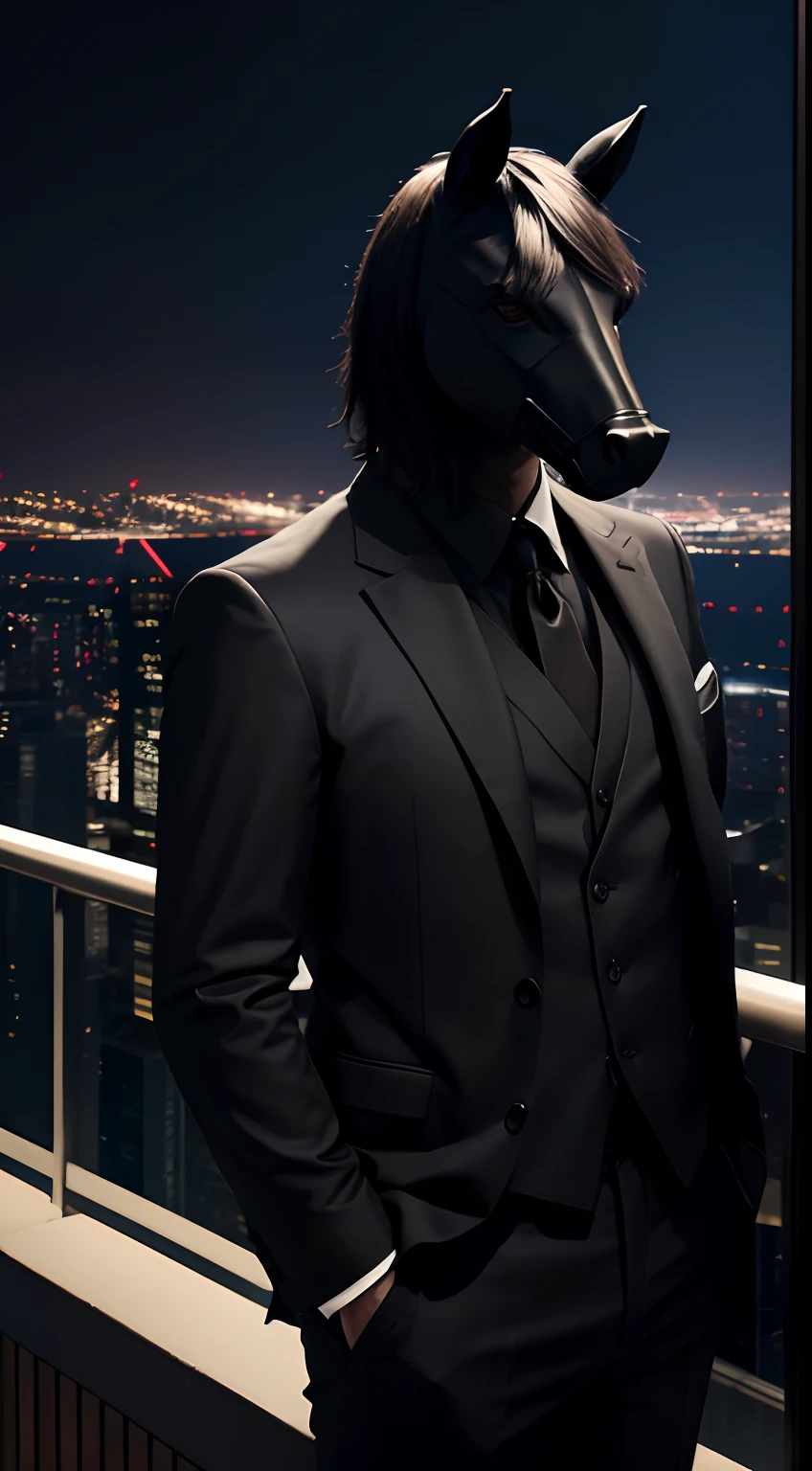 horse mask creature, smoking cigarettes', black suit, glass of wine, god father style, standing at the balcony, city at night background, skyscrapers, full body, masterpiece, ultra high quality, ultra face detail