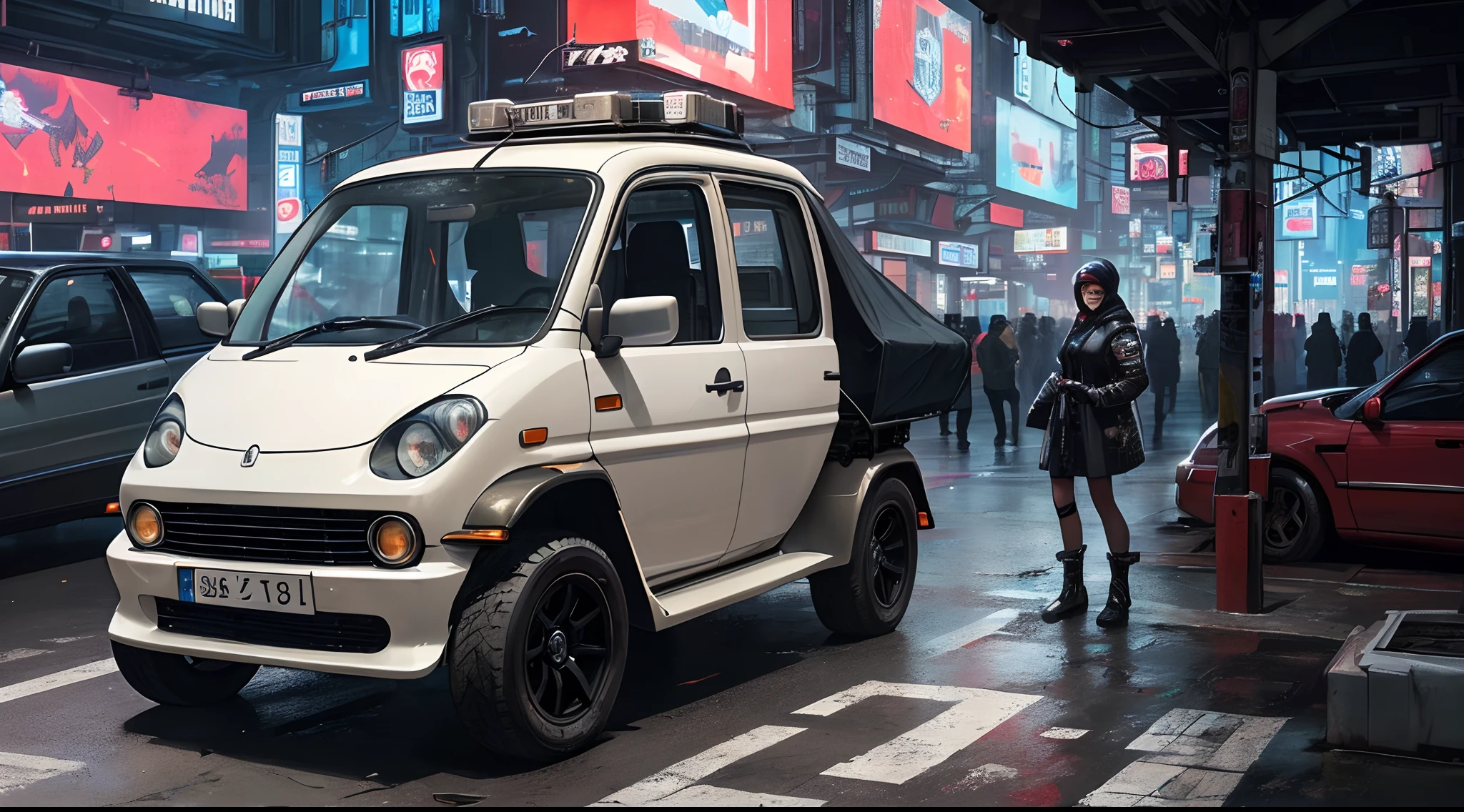 (at late night:1.3), , (detailed beautiful skin textures, detailed beautiful face, ultra detailed clothing textures), , (Cyberpunk:1.4), , (an ultra detailed four-wheeled and long bonnet tuk-tuk with letter-tyres), , (3/4 front view, The car is in the center of the frame), , (at parking area, at ultra detailed Night City of Cyberpunk), (All cars are classic cars with cyberpunk custumed), (softlighting), , (masterpiece, best quality:1.4, 8k, ultra-detailed, illustration, distinct_image, intricate_details, delicate illustration), (realistic:0.15),